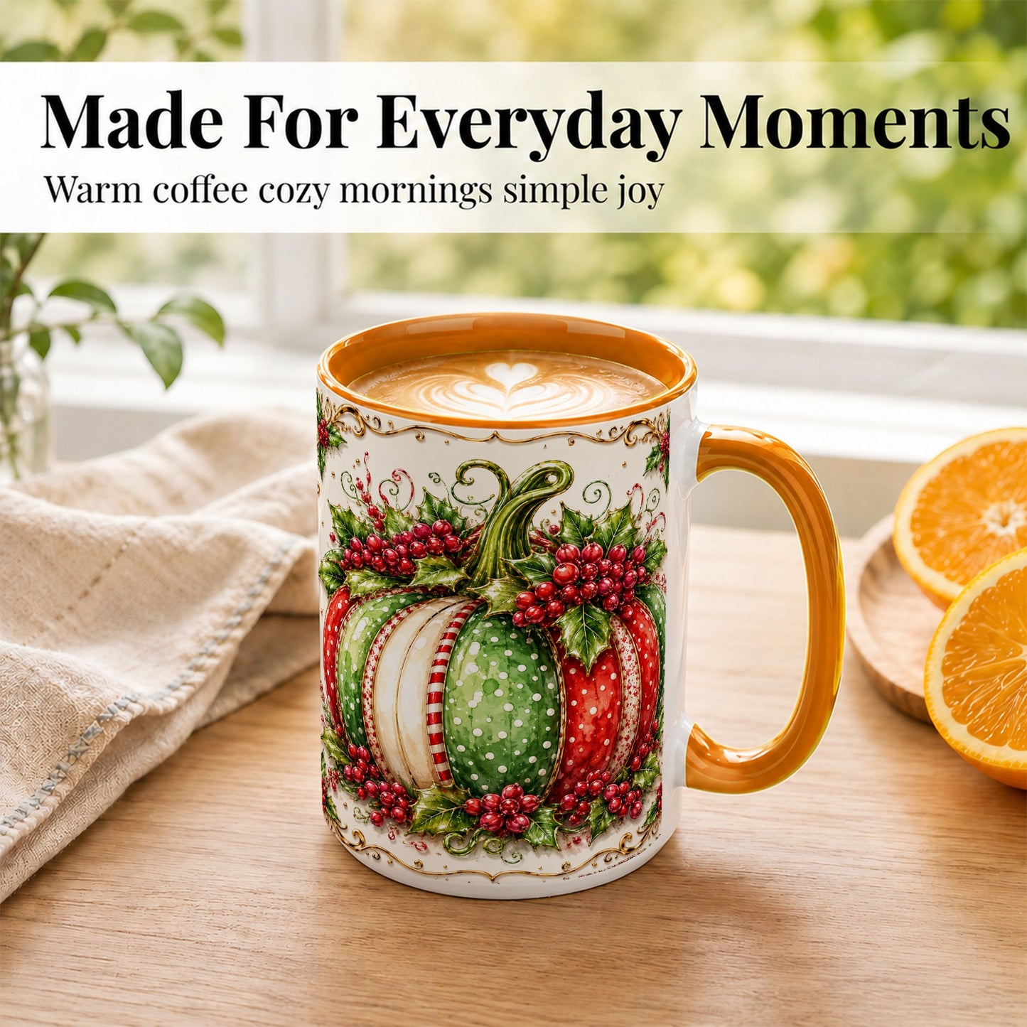 #pl[15oz|Orange] Christmas Pumpkin Coffee Mug, Holly Berry Mug, Ceramic Cup