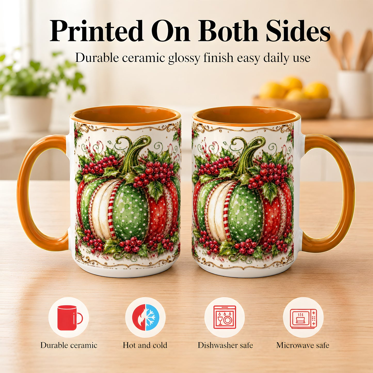 #pl[15oz|Orange] Christmas Pumpkin Coffee Mug, Holly Berry Mug, Ceramic Cup
