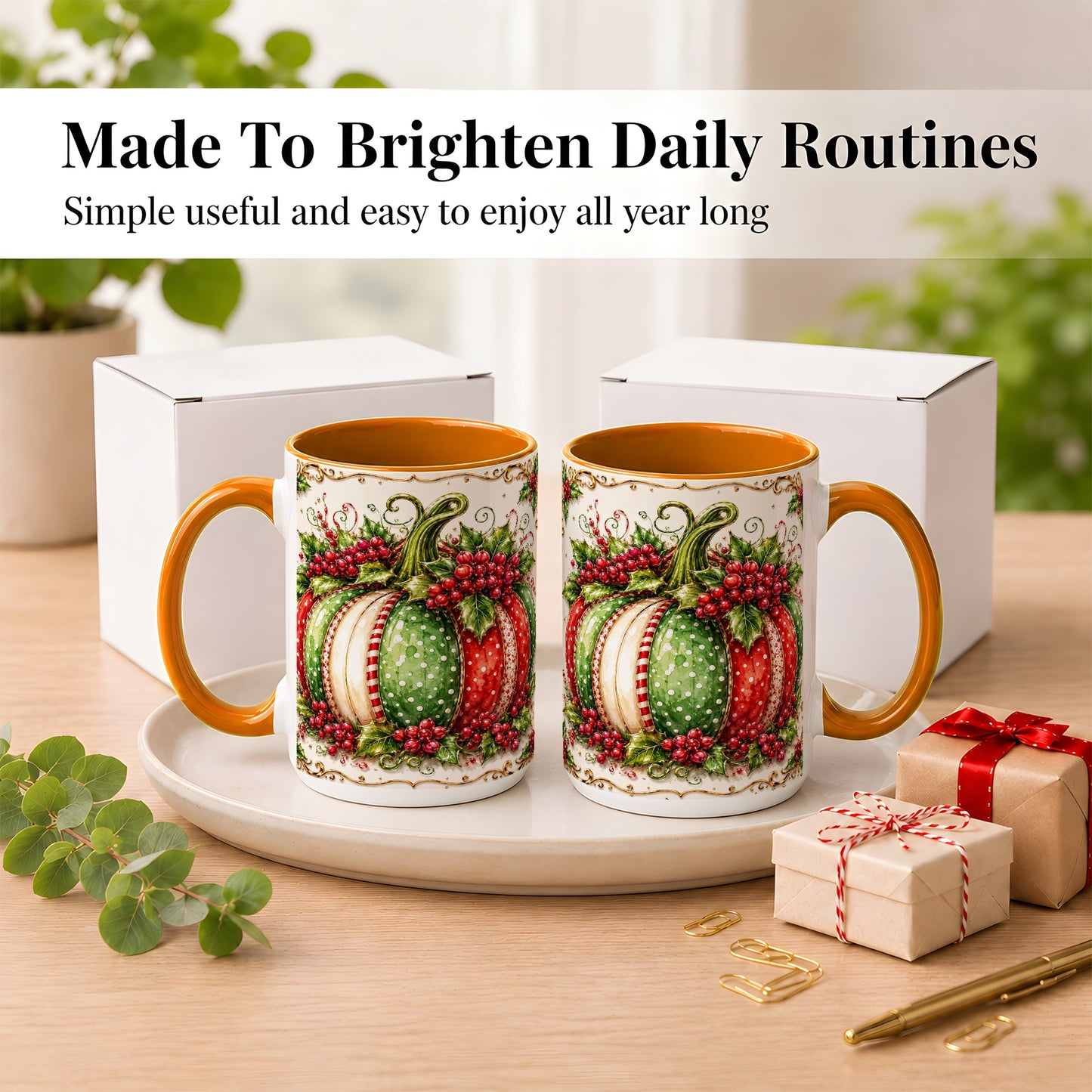 #pl[15oz|Orange] Christmas Pumpkin Coffee Mug, Holly Berry Mug, Ceramic Cup