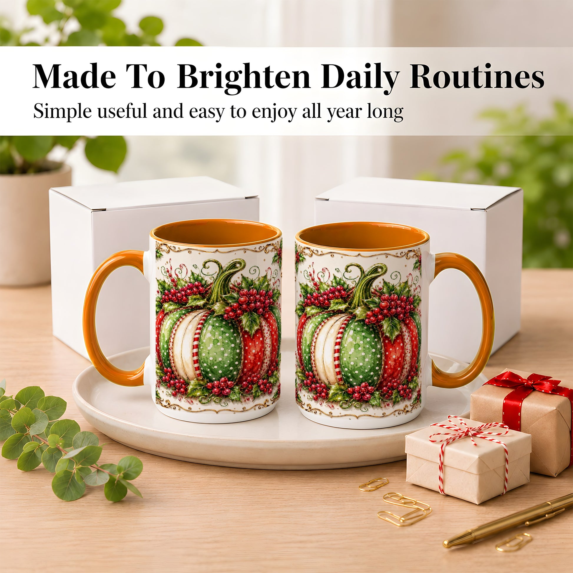 #pl[15oz|Orange] Christmas Pumpkin Coffee Mug, Holly Berry Mug, Ceramic Cup