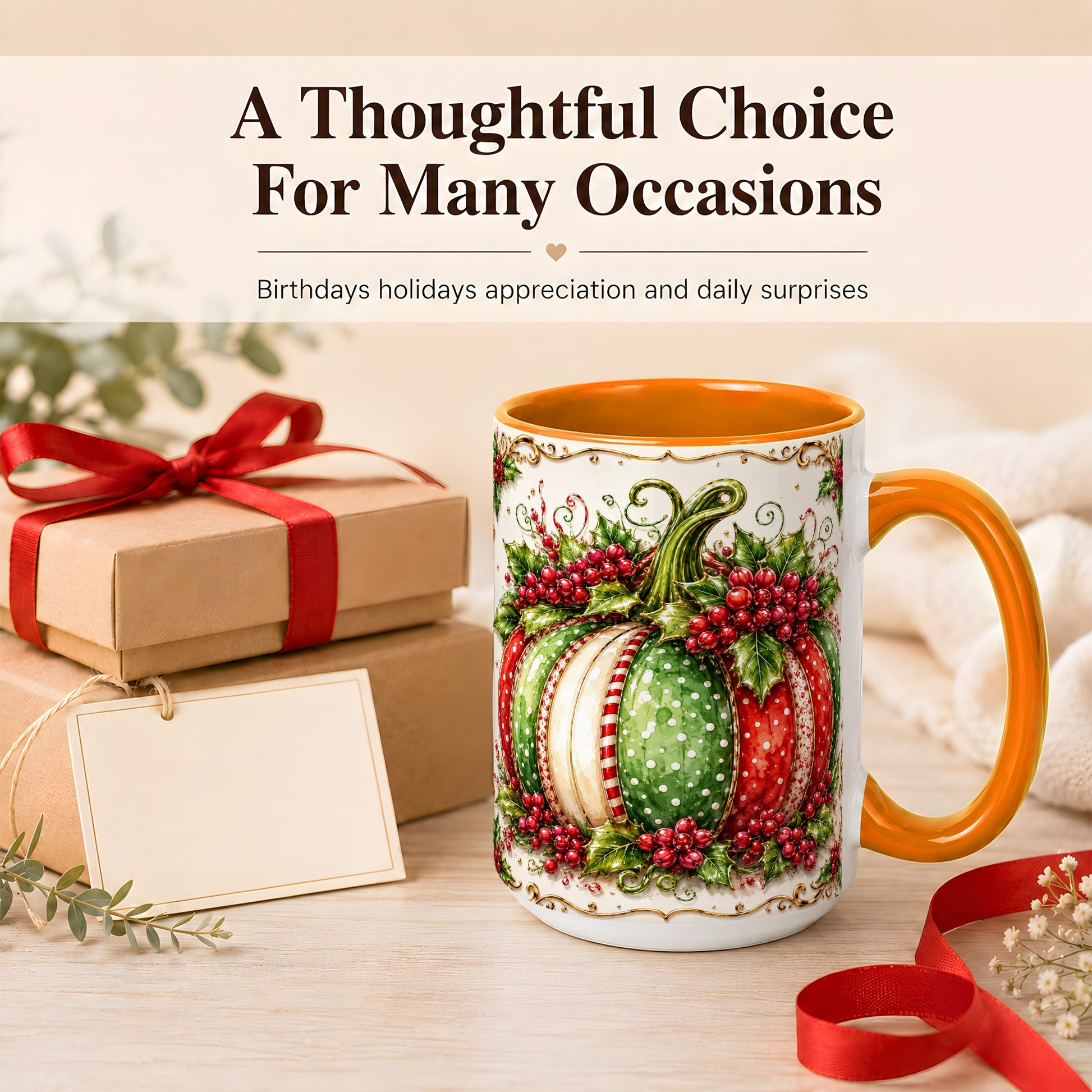 #pl[15oz|Orange] Christmas Pumpkin Coffee Mug, Holly Berry Mug, Ceramic Cup