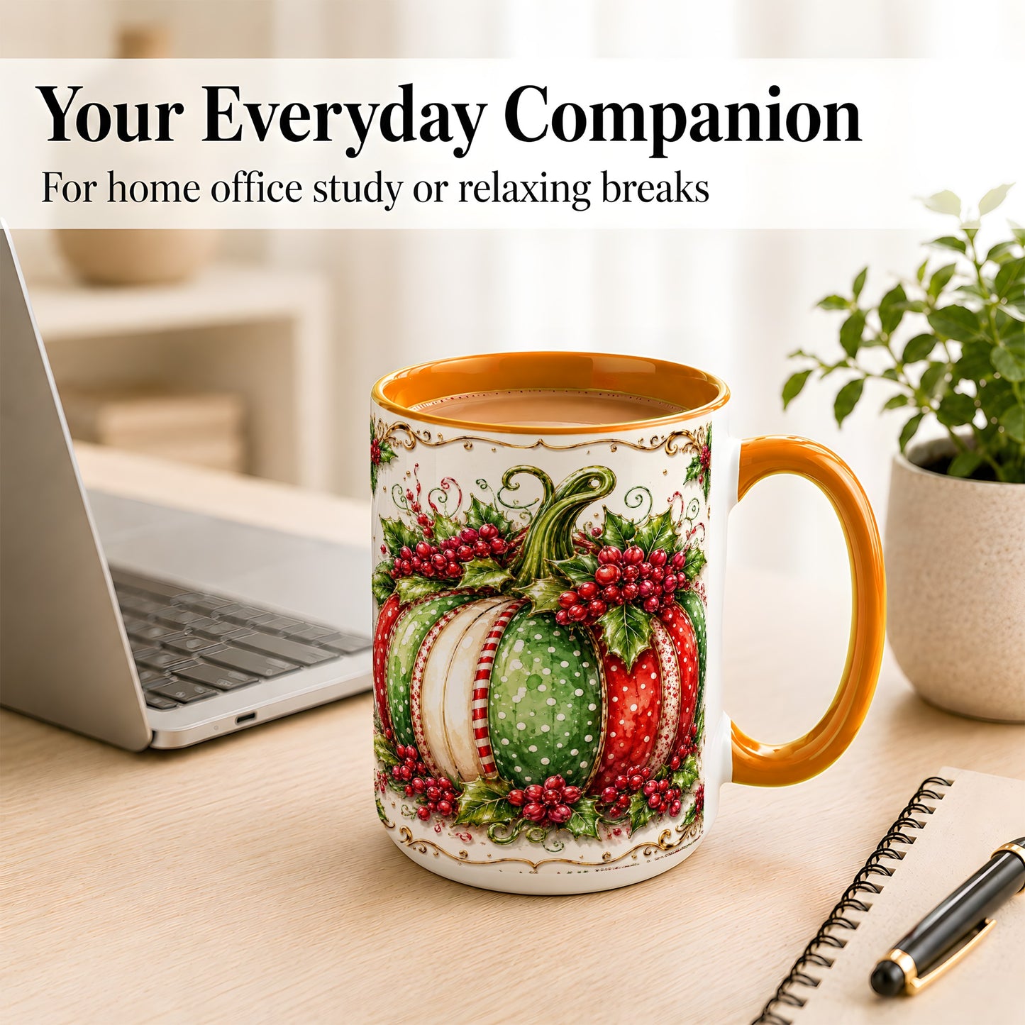 #pl[15oz|Orange] Christmas Pumpkin Coffee Mug, Holly Berry Mug, Ceramic Cup