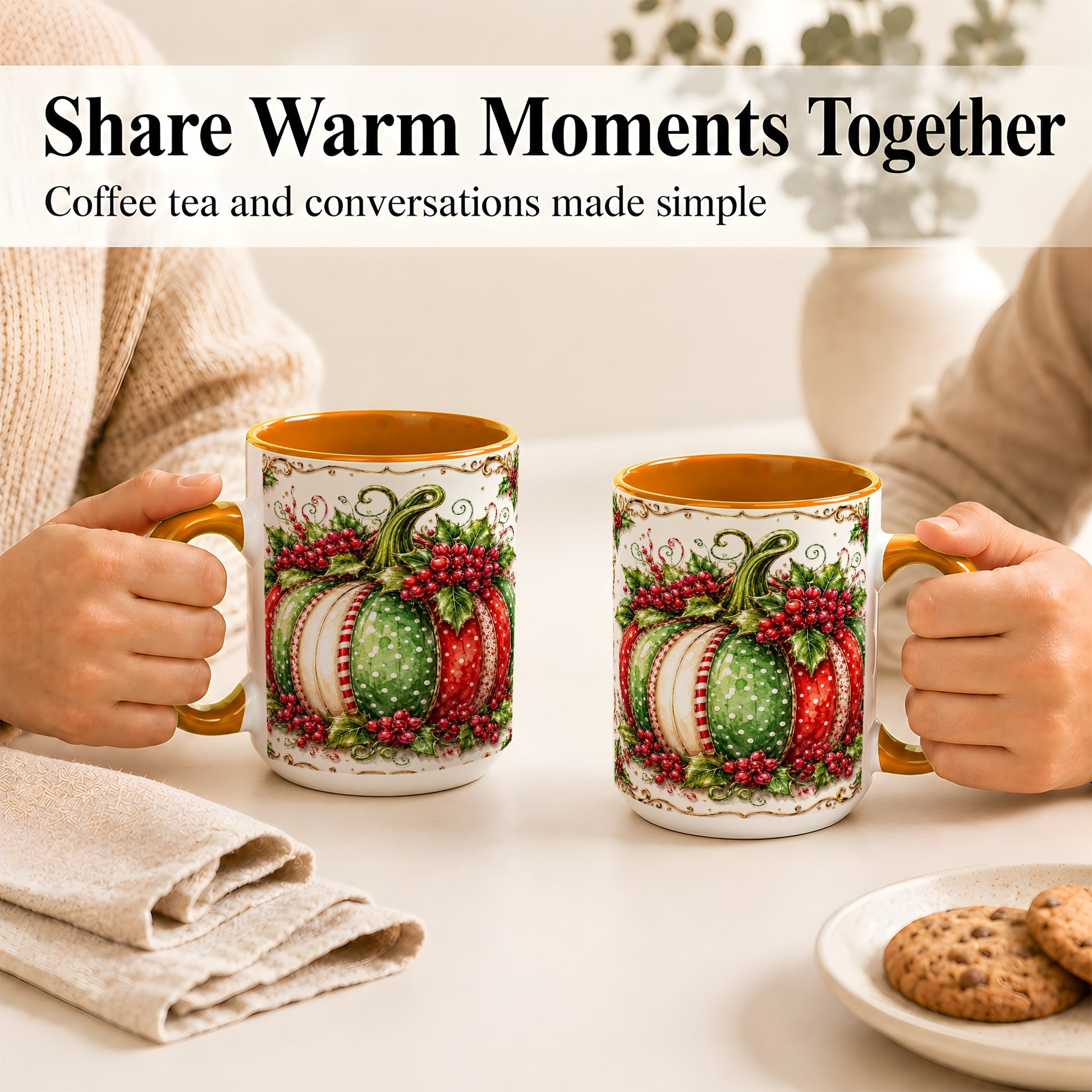 #pl[15oz|Orange] Christmas Pumpkin Coffee Mug, Holly Berry Mug, Ceramic Cup