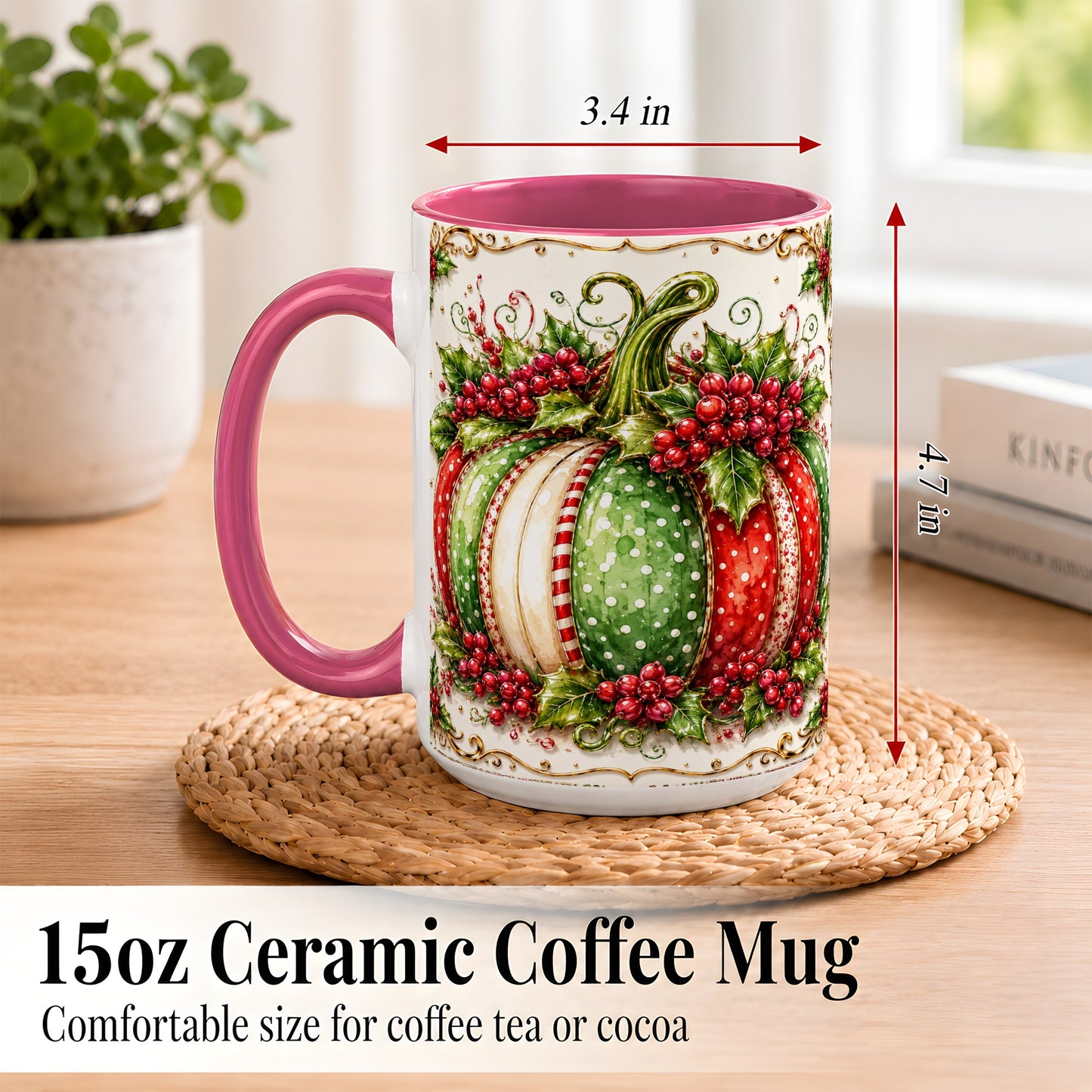 #pl[15oz|Pink] Christmas Pumpkin Coffee Mug, Holly Berry Mug, Ceramic Cup