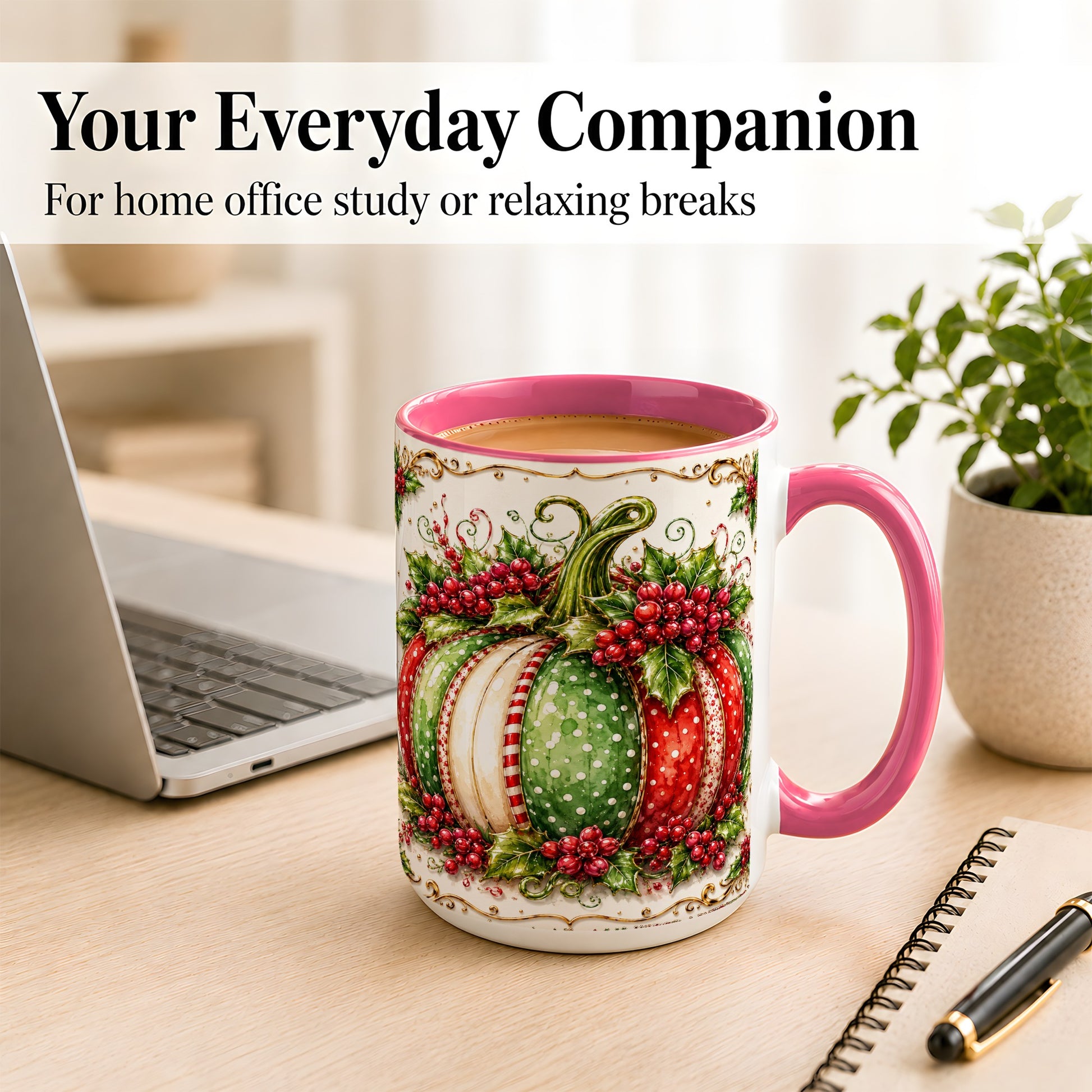 #pl[15oz|Pink] Christmas Pumpkin Coffee Mug, Holly Berry Mug, Ceramic Cup