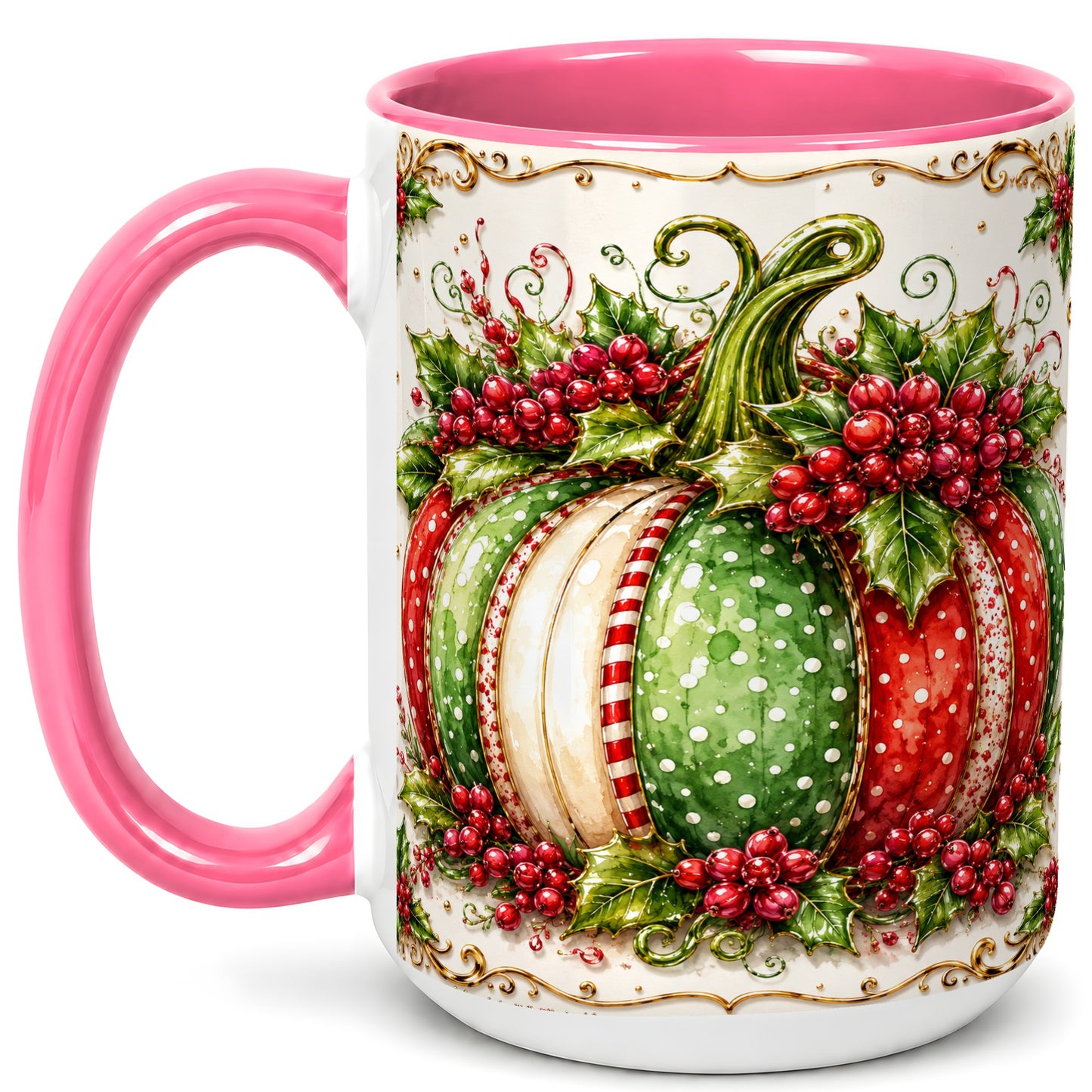 #pl[15oz|Pink] Christmas Pumpkin Coffee Mug, Holly Berry Mug, Ceramic Cup