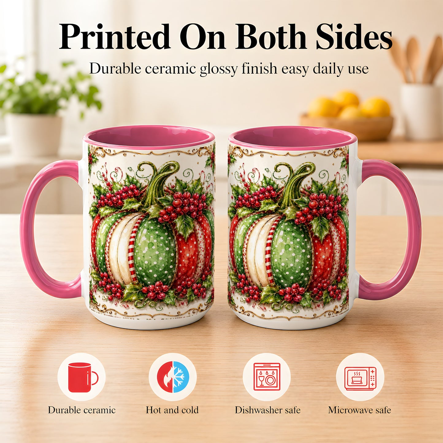 #pl[15oz|Pink] Christmas Pumpkin Coffee Mug, Holly Berry Mug, Ceramic Cup