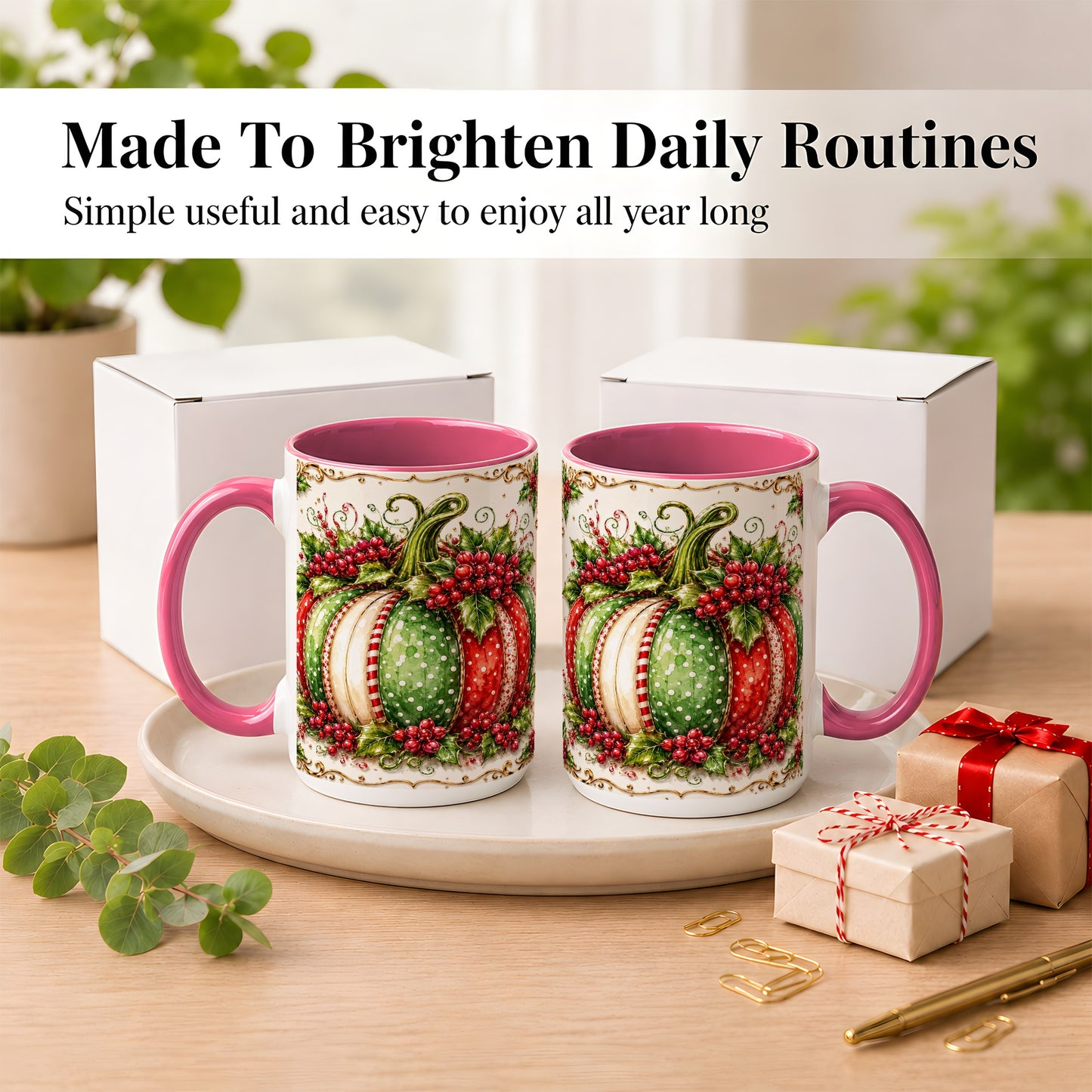 #pl[15oz|Pink] Christmas Pumpkin Coffee Mug, Holly Berry Mug, Ceramic Cup