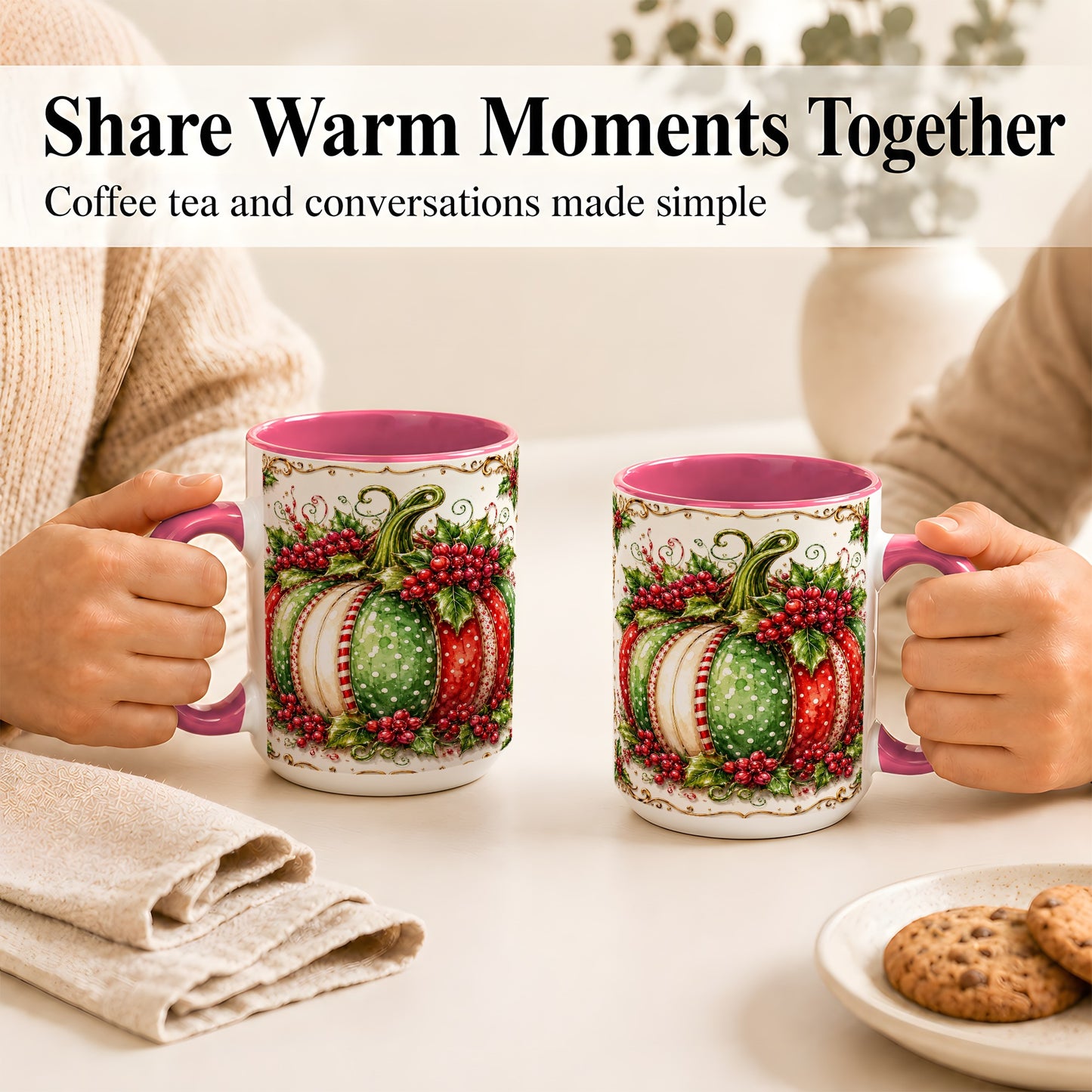 #pl[15oz|Pink] Christmas Pumpkin Coffee Mug, Holly Berry Mug, Ceramic Cup