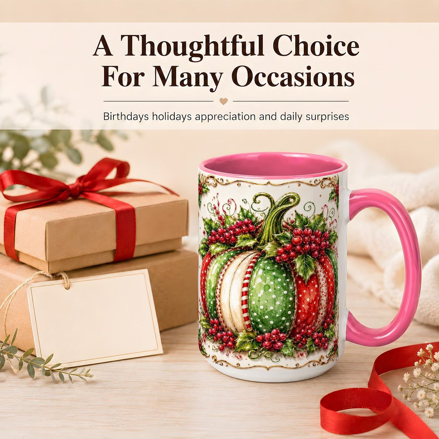 #pl[15oz|Pink] Christmas Pumpkin Coffee Mug, Holly Berry Mug, Ceramic Cup