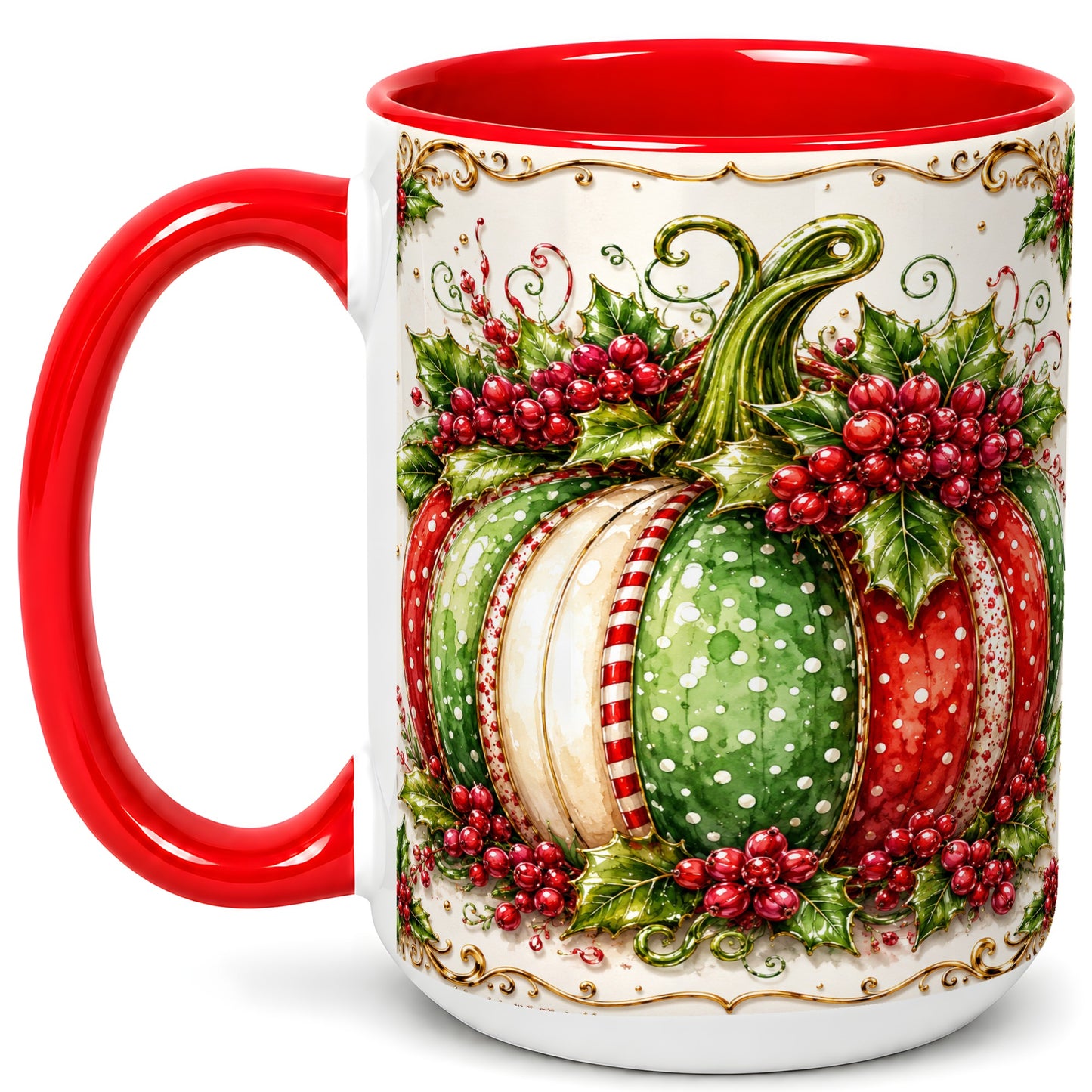 #pl[15oz|Red] Christmas Pumpkin Coffee Mug, Holly Berry Mug, Ceramic Cup