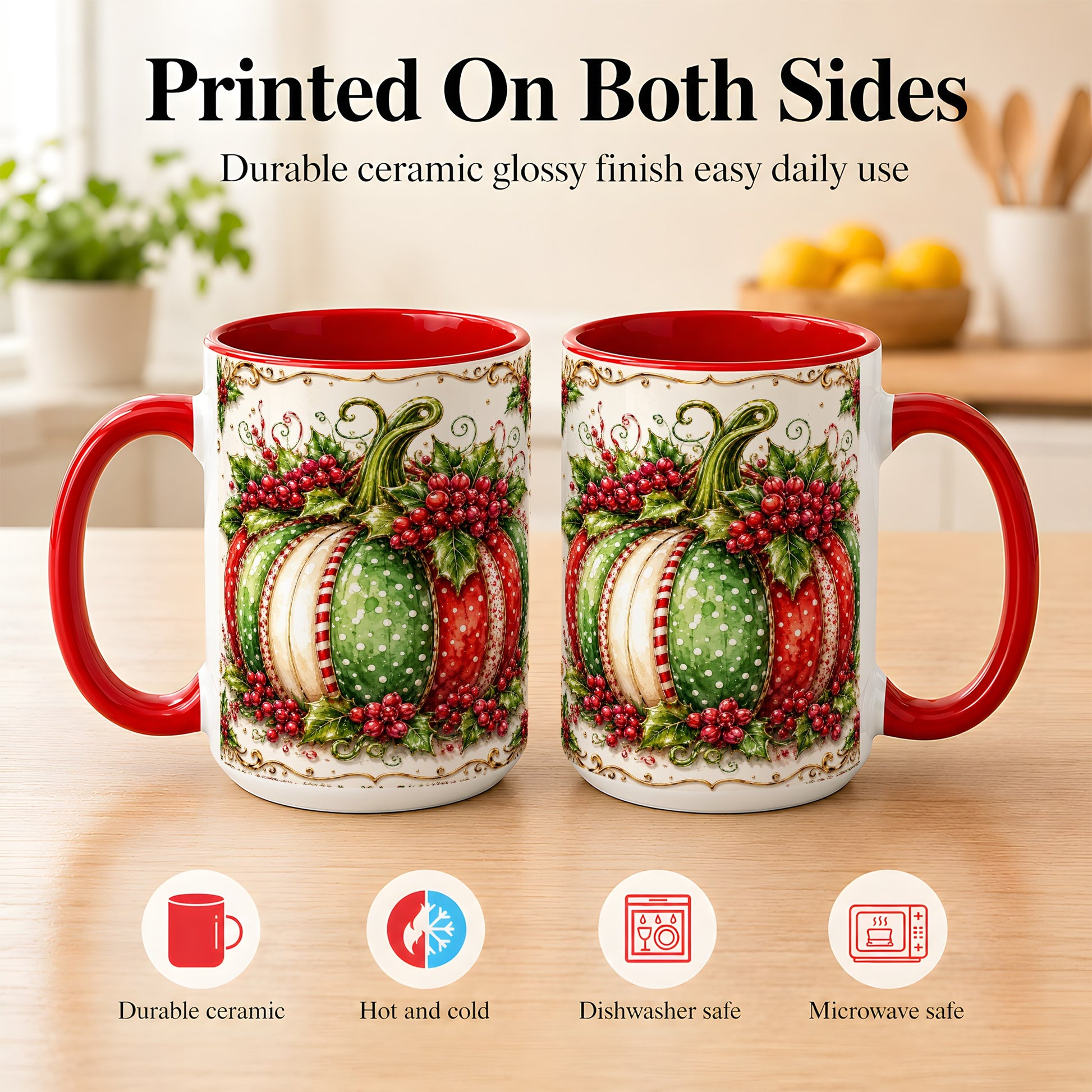 #pl[15oz|Red] Christmas Pumpkin Coffee Mug, Holly Berry Mug, Ceramic Cup