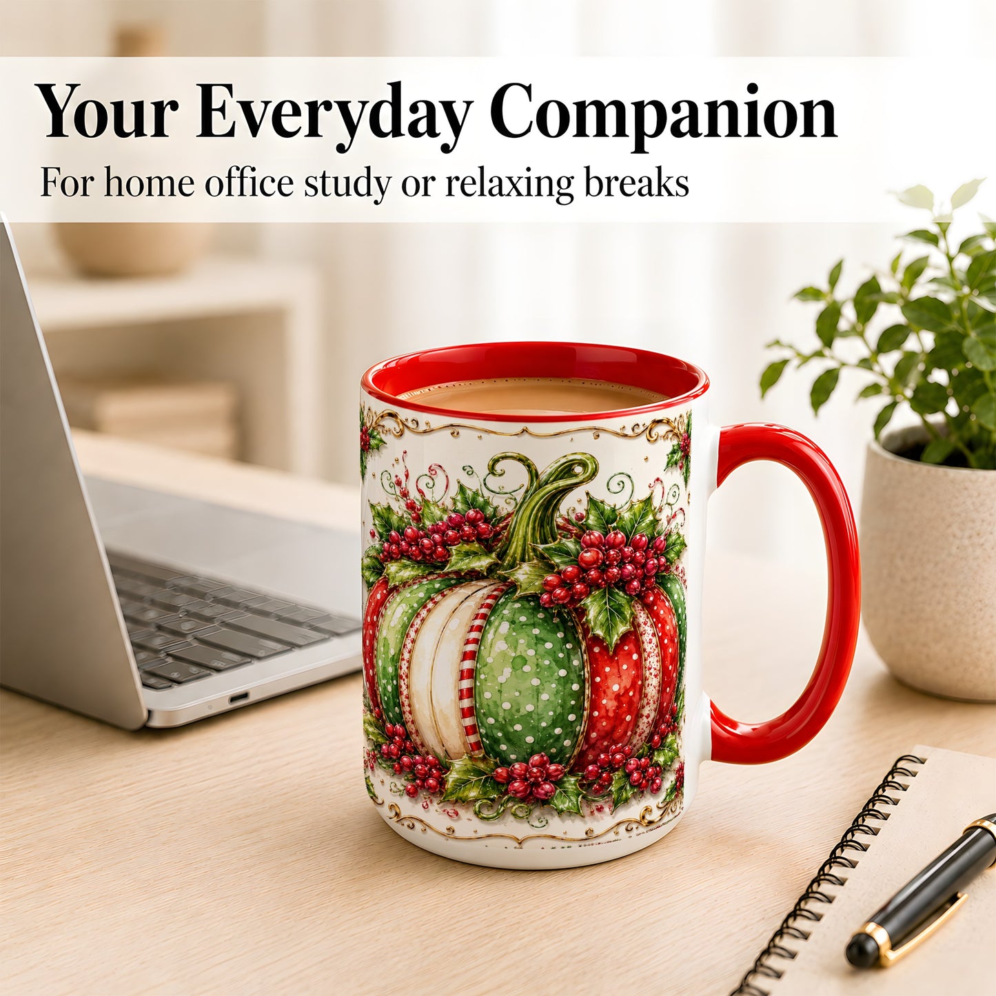 #pl[15oz|Red] Christmas Pumpkin Coffee Mug, Holly Berry Mug, Ceramic Cup