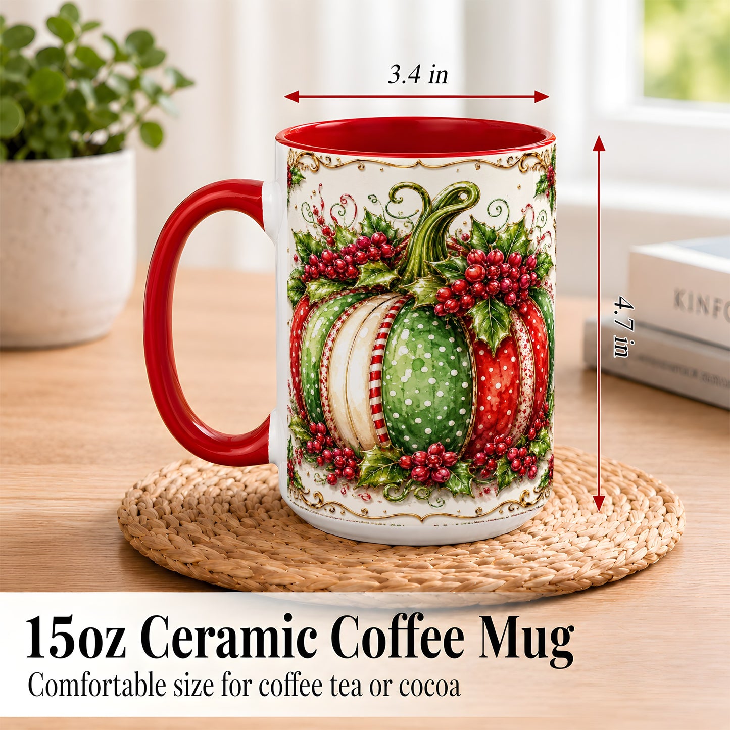 #pl[15oz|Red] Christmas Pumpkin Coffee Mug, Holly Berry Mug, Ceramic Cup