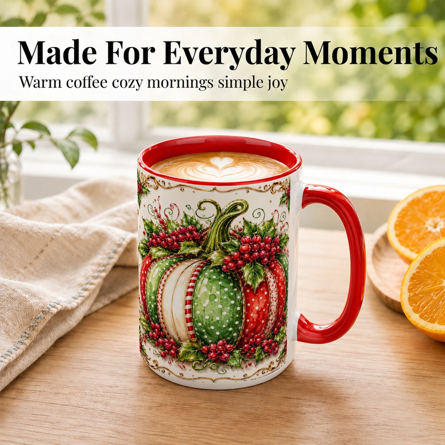 #pl[15oz|Red] Christmas Pumpkin Coffee Mug, Holly Berry Mug, Ceramic Cup