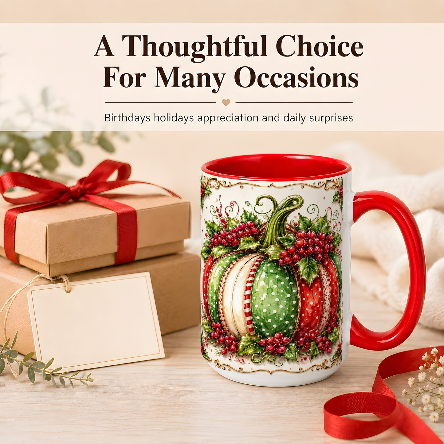 #pl[15oz|Red] Christmas Pumpkin Coffee Mug, Holly Berry Mug, Ceramic Cup