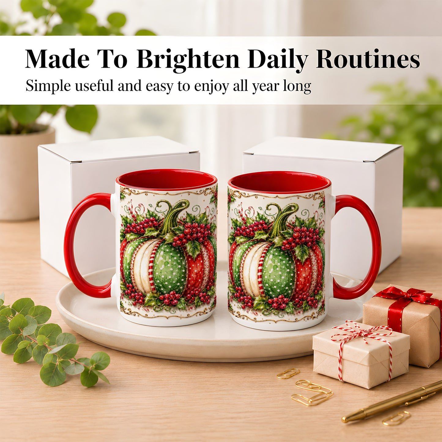 #pl[15oz|Red] Christmas Pumpkin Coffee Mug, Holly Berry Mug, Ceramic Cup