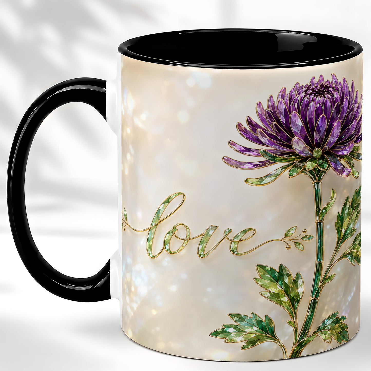#pl[11oz|Black] Purple Chrysanthemum Coffee Mug, Botanical Floral Mug, Ceramic Cup