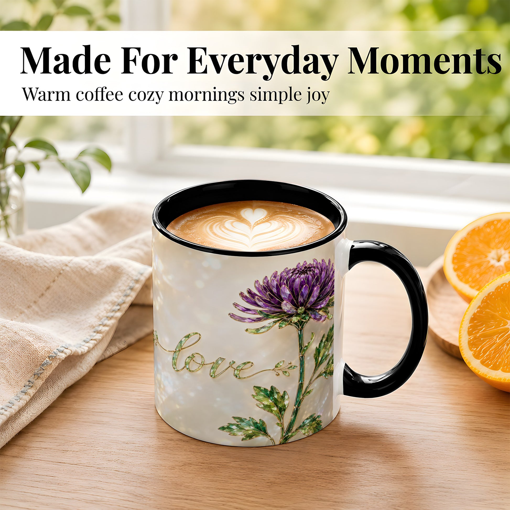 #pl[11oz|Black] Purple Chrysanthemum Coffee Mug, Botanical Floral Mug, Ceramic Cup