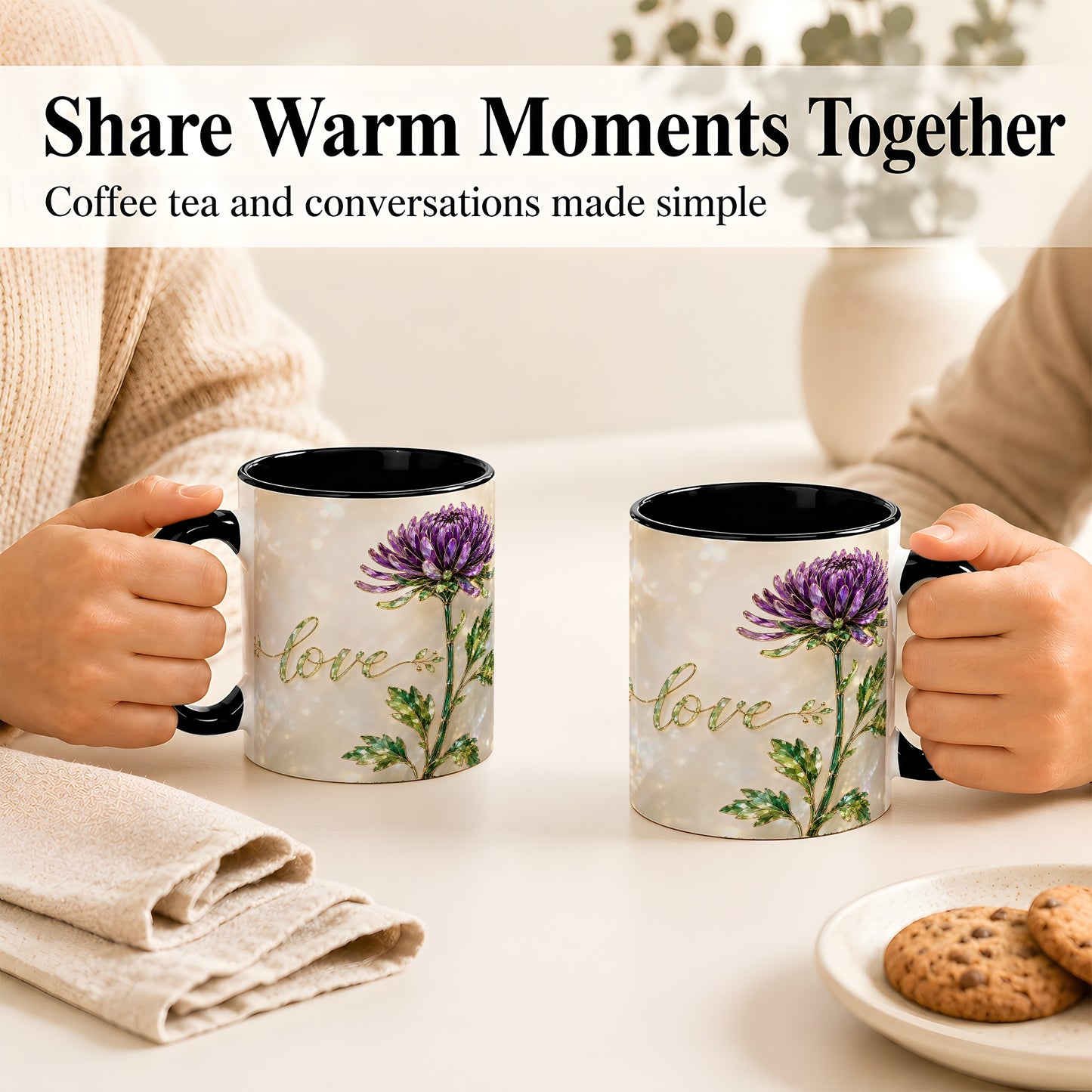 #pl[11oz|Black] Purple Chrysanthemum Coffee Mug, Botanical Floral Mug, Ceramic Cup