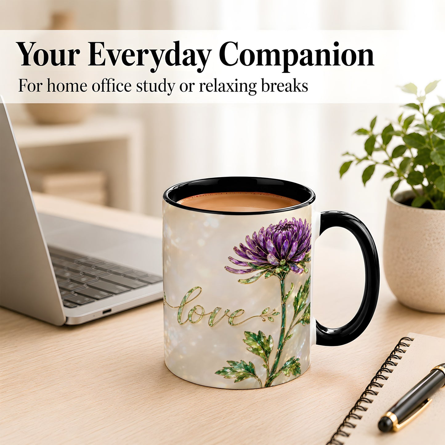 #pl[11oz|Black] Purple Chrysanthemum Coffee Mug, Botanical Floral Mug, Ceramic Cup