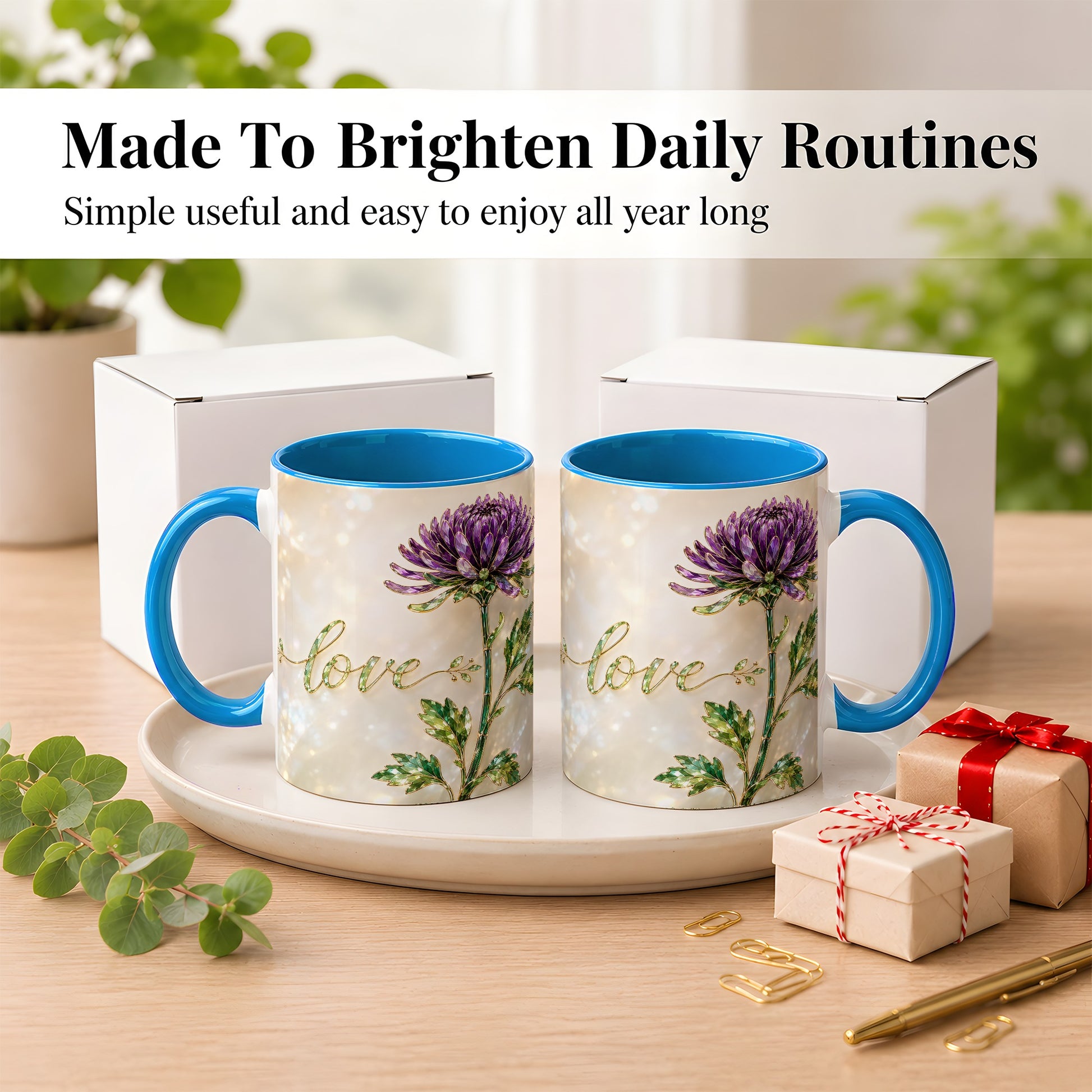 #pl[11oz|Blue] Purple Chrysanthemum Coffee Mug, Botanical Floral Mug, Ceramic Cup