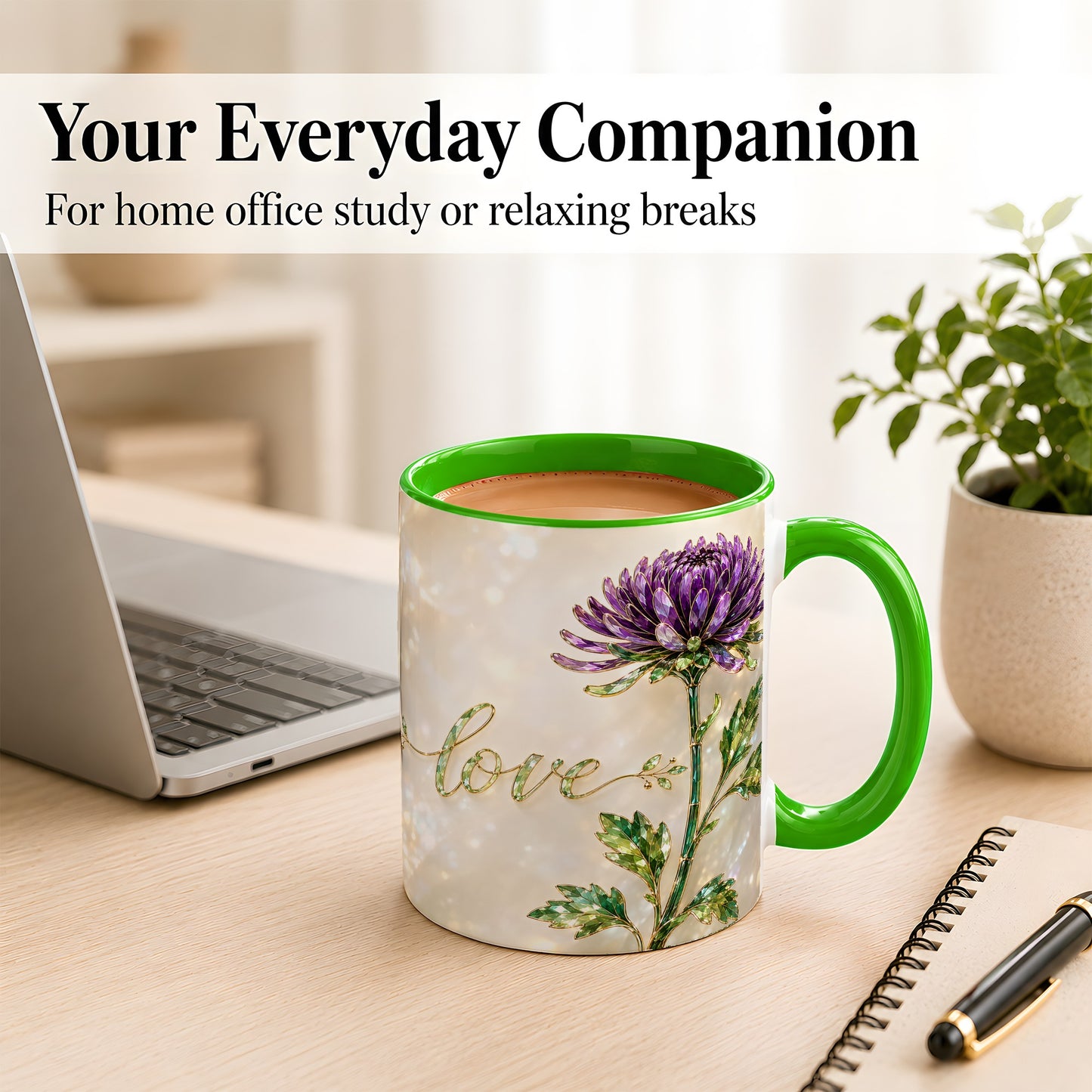 #pl[11oz|Green] Purple Chrysanthemum Coffee Mug, Botanical Floral Mug, Ceramic Cup