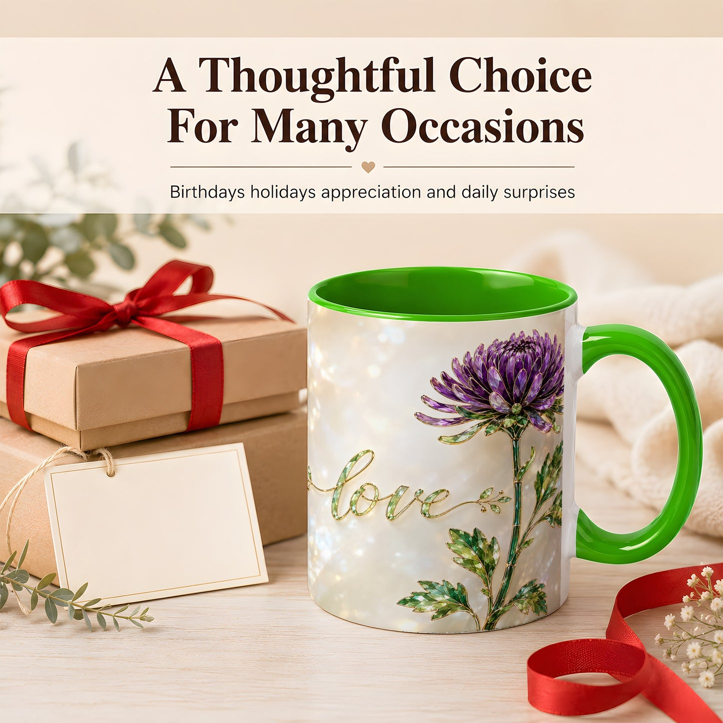 #pl[11oz|Green] Purple Chrysanthemum Coffee Mug, Botanical Floral Mug, Ceramic Cup