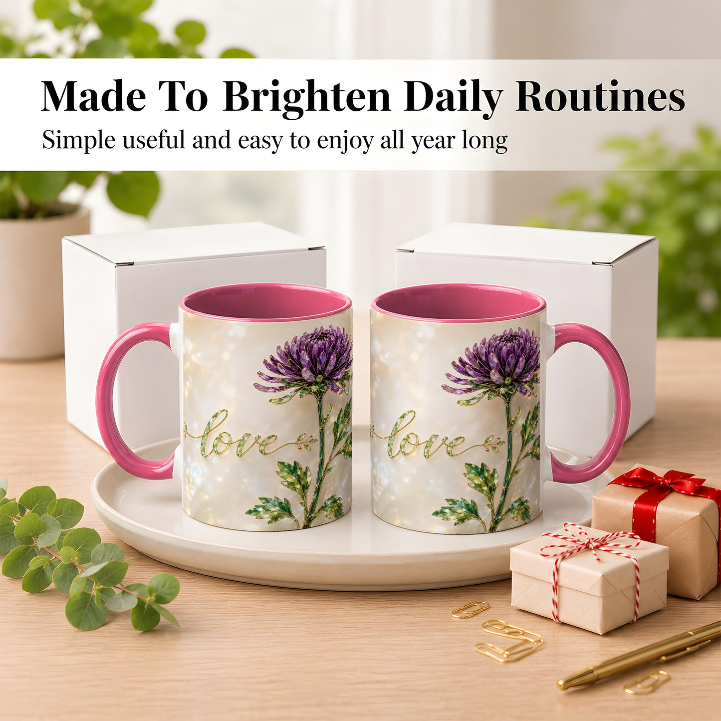 #pl[11oz|Pink] Purple Chrysanthemum Coffee Mug, Botanical Floral Mug, Ceramic Cup