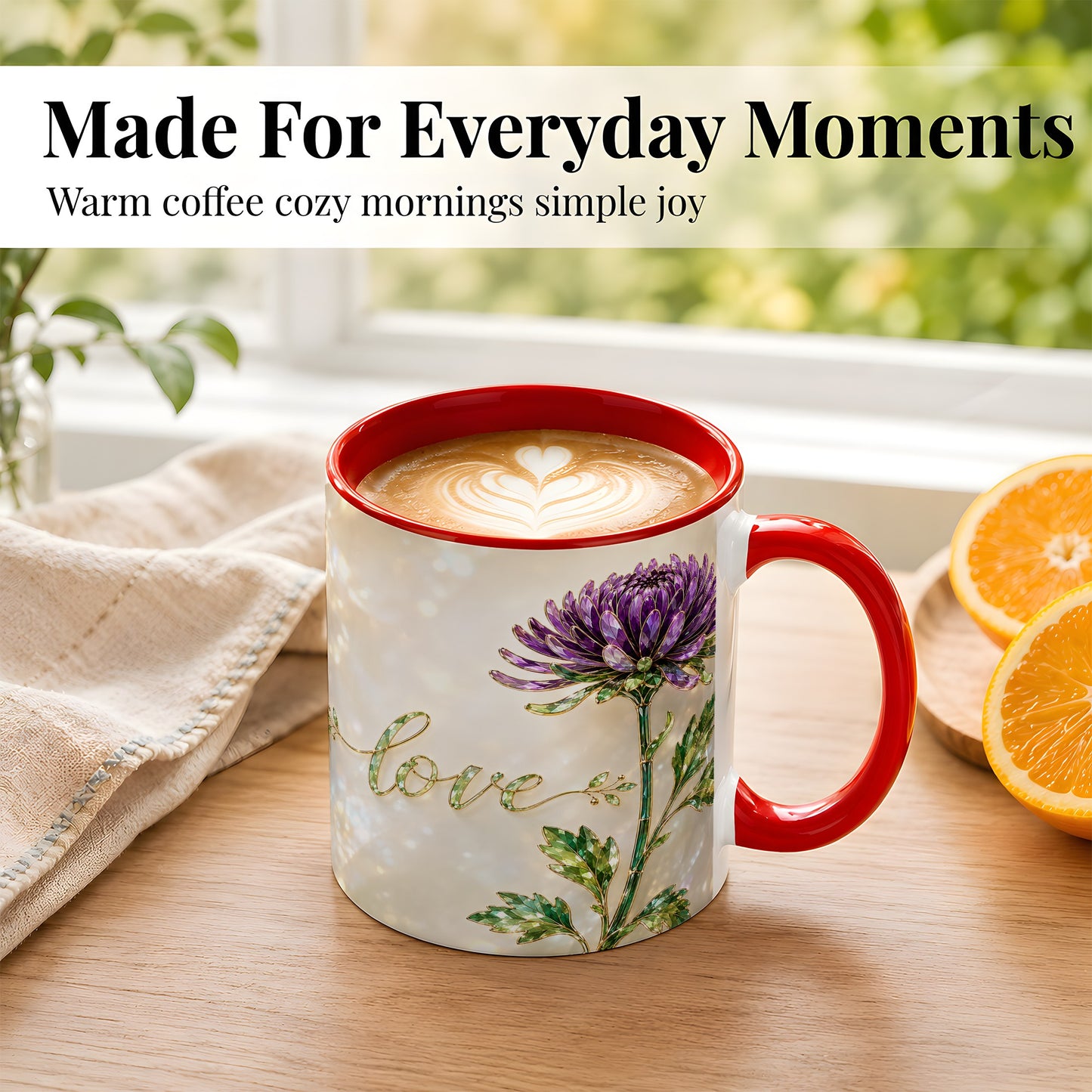 #pl[11oz|Red] Purple Chrysanthemum Coffee Mug, Botanical Floral Mug, Ceramic Cup