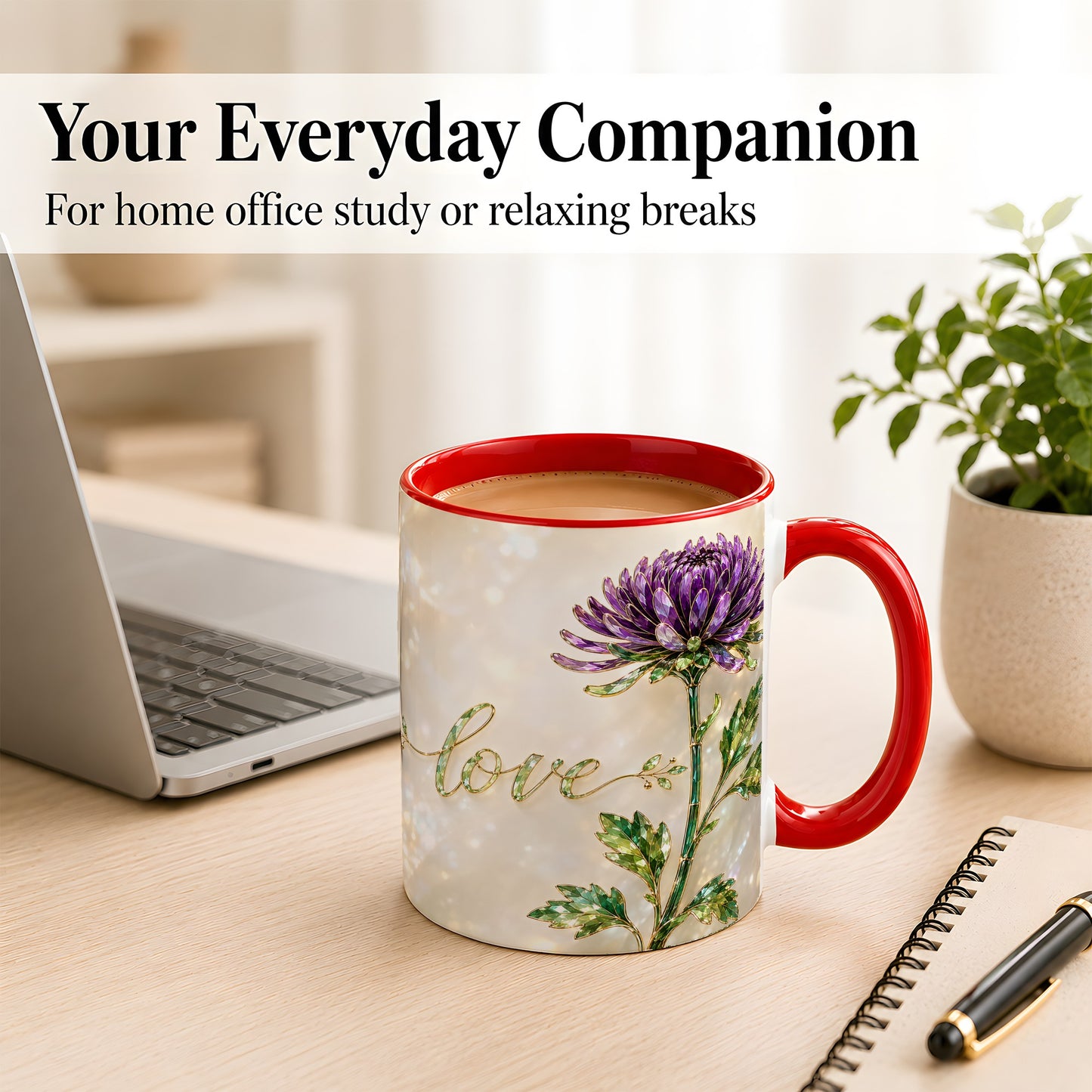 #pl[11oz|Red] Purple Chrysanthemum Coffee Mug, Botanical Floral Mug, Ceramic Cup