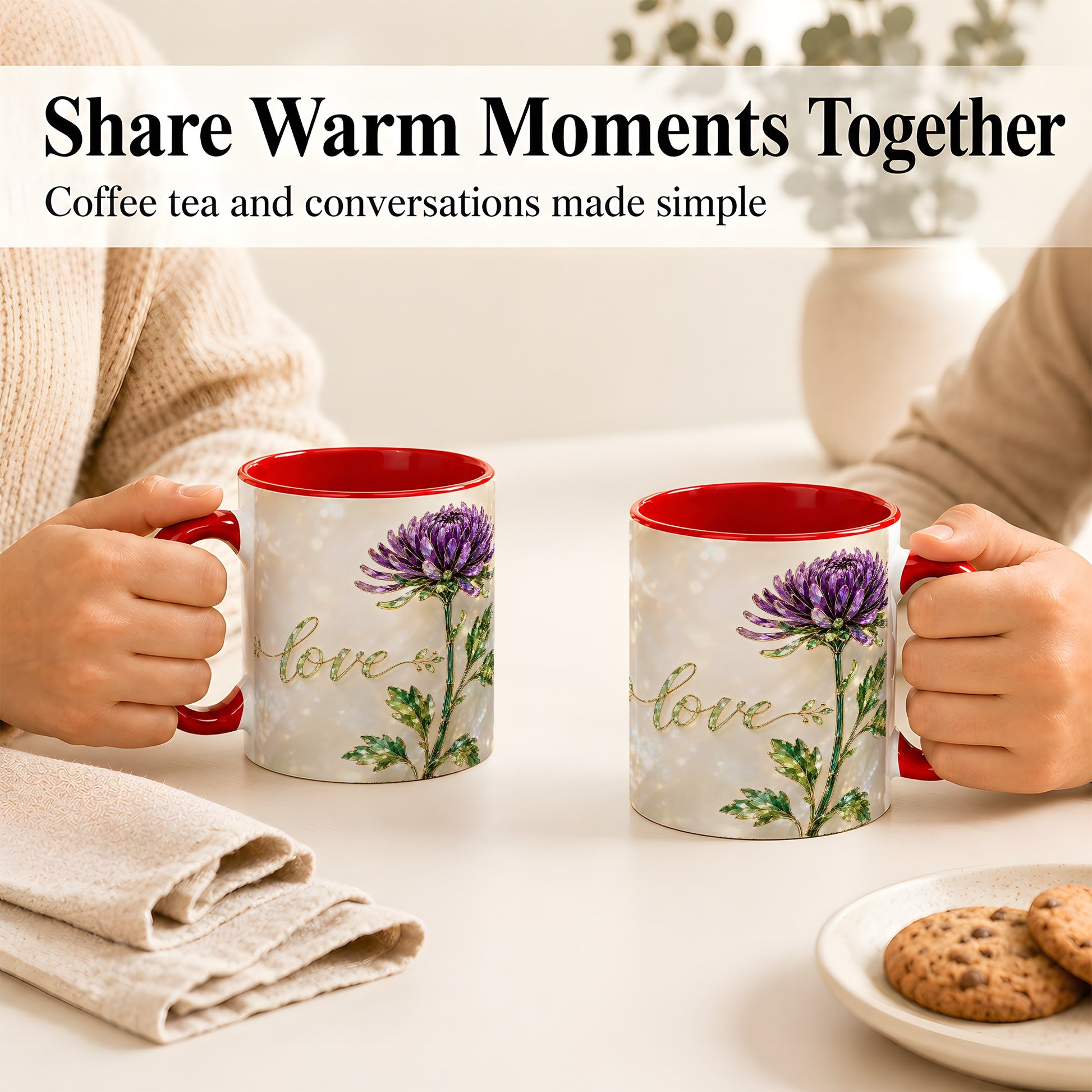 #pl[11oz|Red] Purple Chrysanthemum Coffee Mug, Botanical Floral Mug, Ceramic Cup
