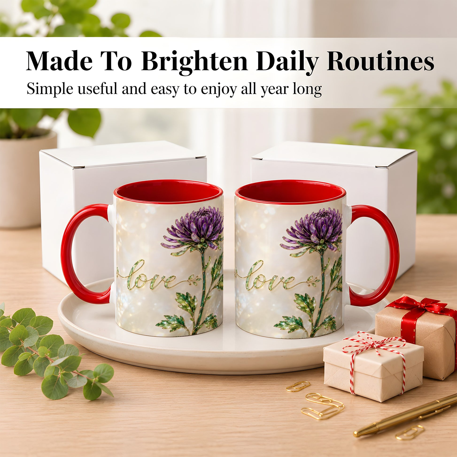 #pl[11oz|Red] Purple Chrysanthemum Coffee Mug, Botanical Floral Mug, Ceramic Cup