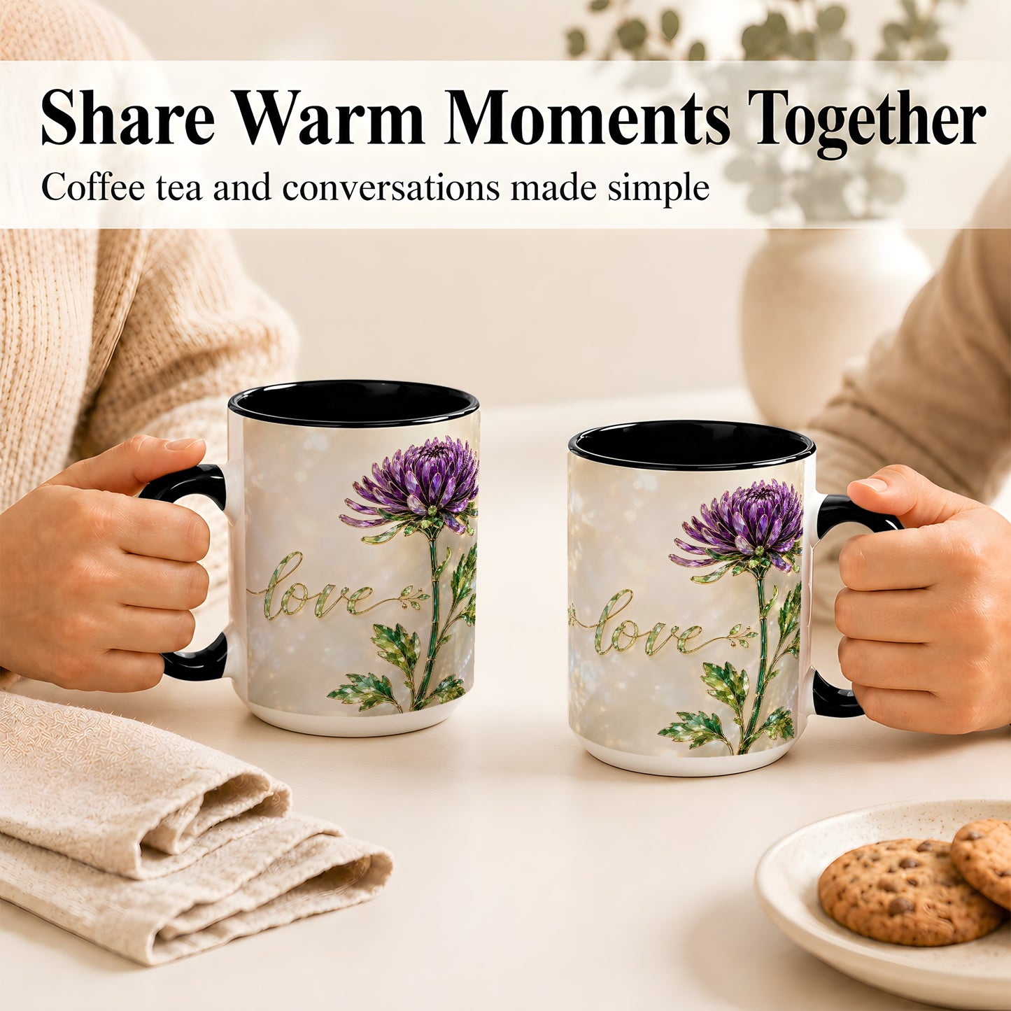 #pl[15oz|Black] Purple Chrysanthemum Coffee Mug, Botanical Floral Mug, Ceramic Cup