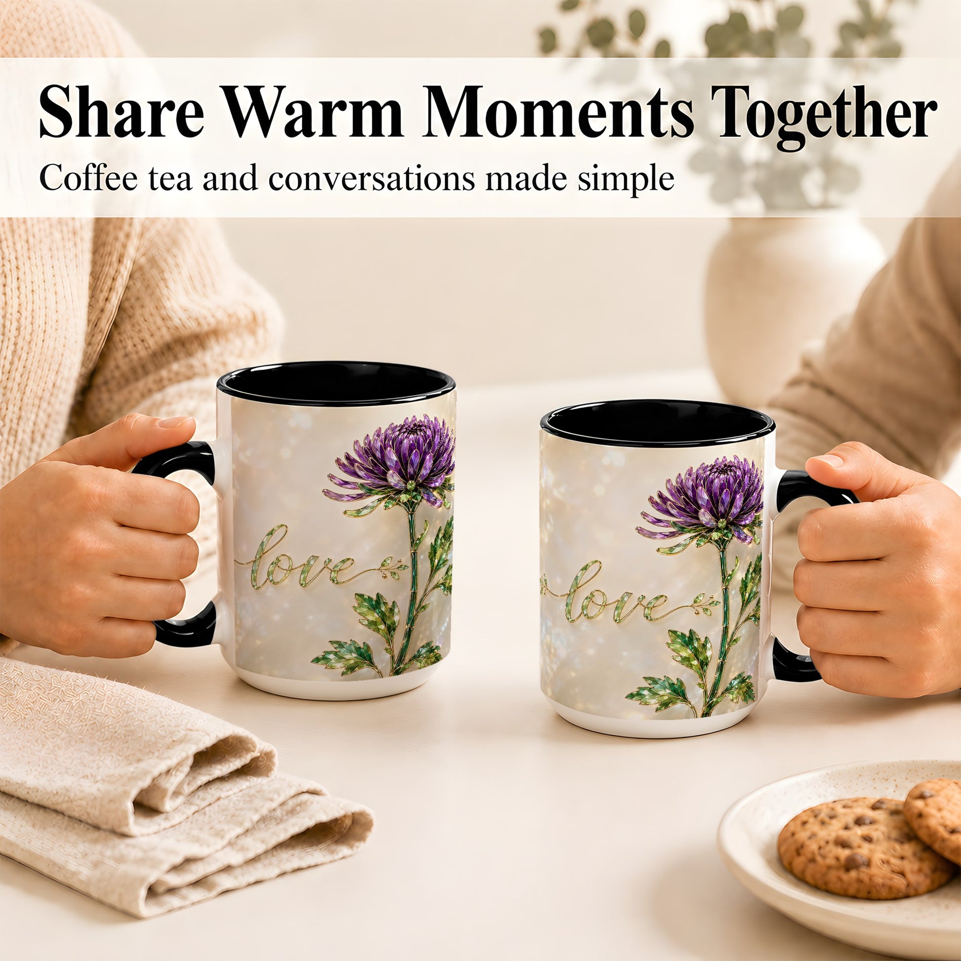#pl[15oz|Black] Purple Chrysanthemum Coffee Mug, Botanical Floral Mug, Ceramic Cup