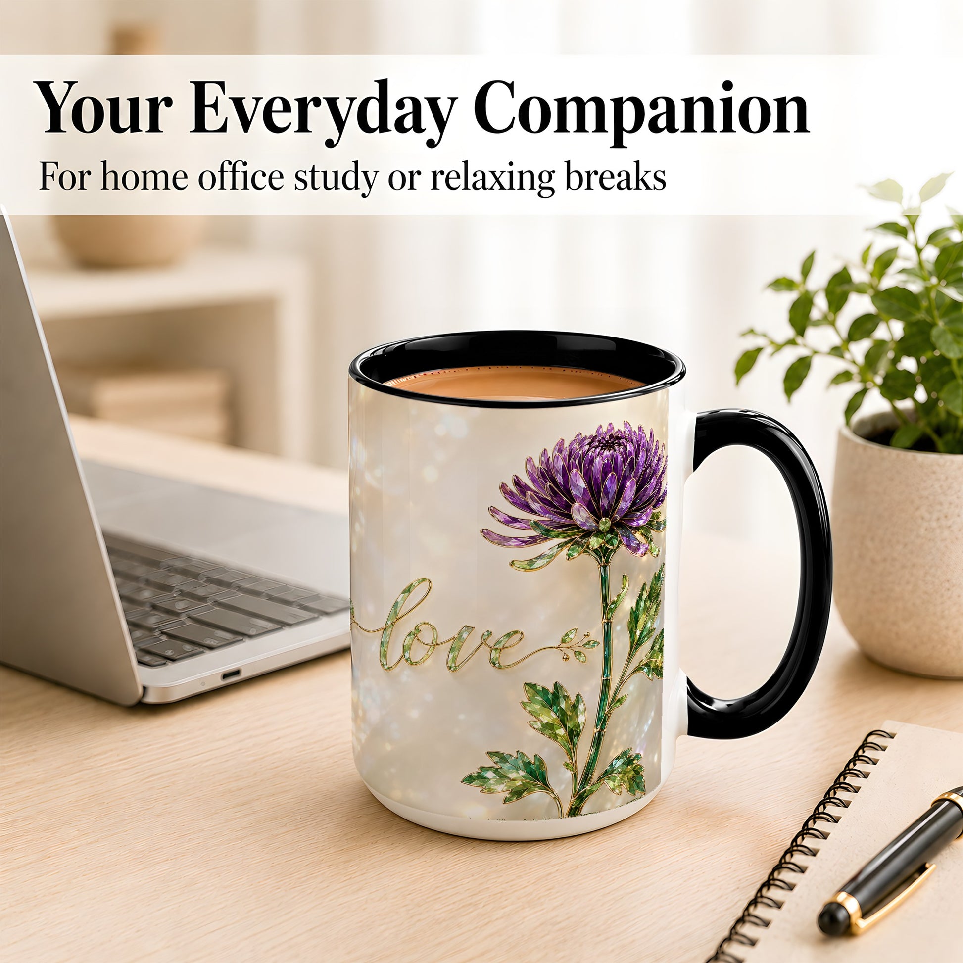 #pl[15oz|Black] Purple Chrysanthemum Coffee Mug, Botanical Floral Mug, Ceramic Cup
