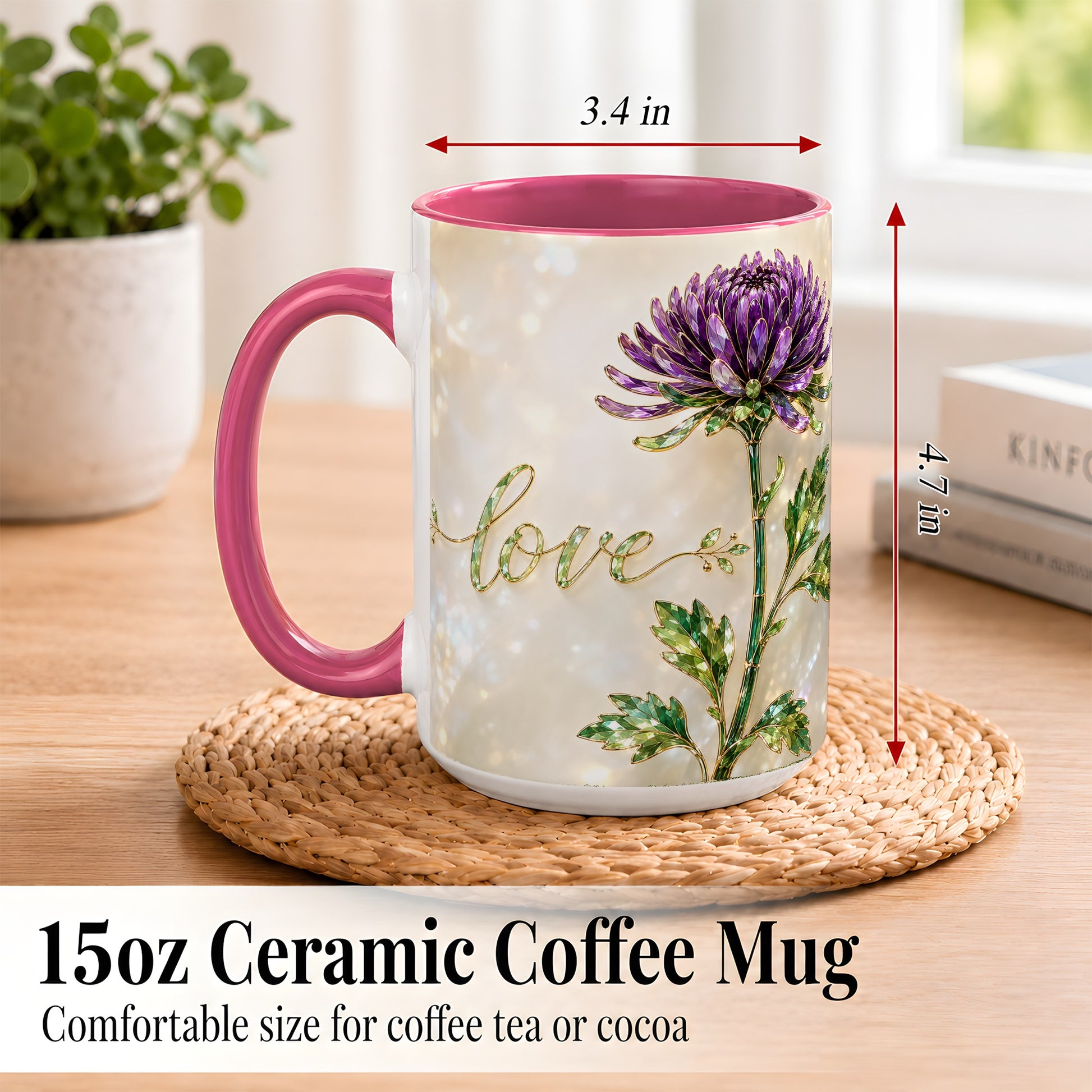 #pl[15oz|Pink] Purple Chrysanthemum Coffee Mug, Botanical Floral Mug, Ceramic Cup
