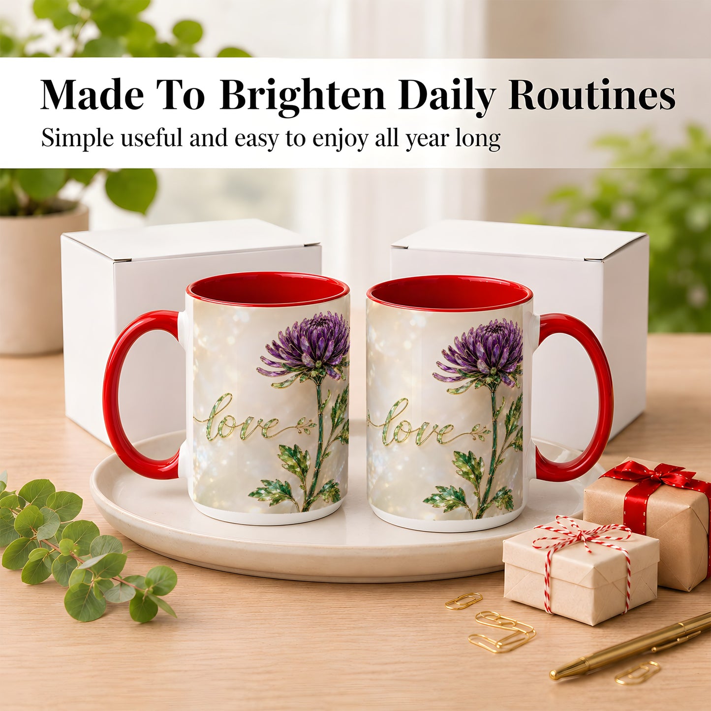 #pl[15oz|Red] Purple Chrysanthemum Coffee Mug, Botanical Floral Mug, Ceramic Cup