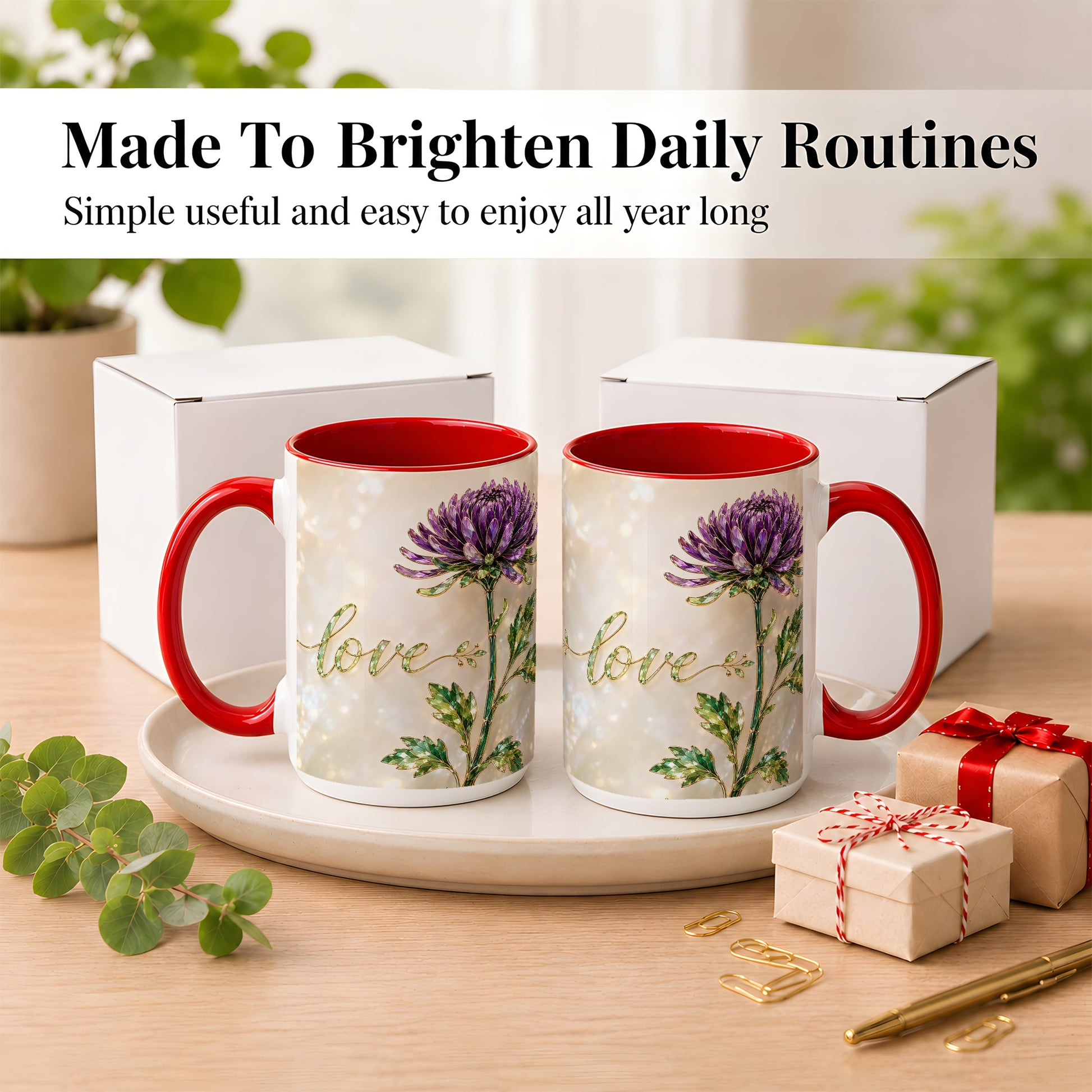 #pl[15oz|Red] Purple Chrysanthemum Coffee Mug, Botanical Floral Mug, Ceramic Cup