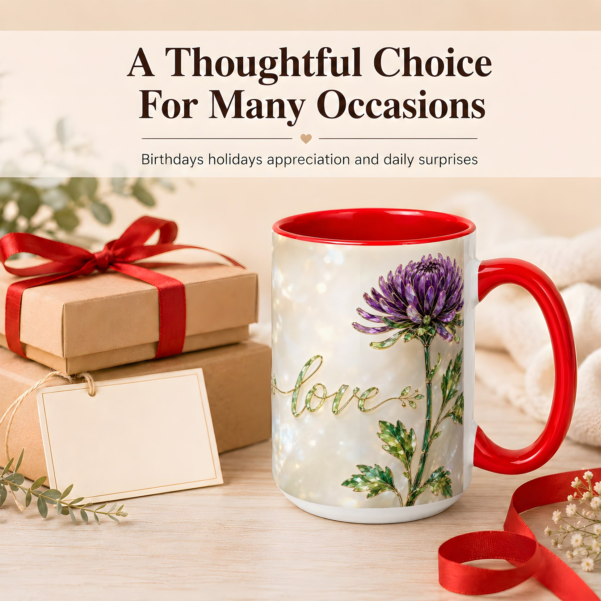 #pl[15oz|Red] Purple Chrysanthemum Coffee Mug, Botanical Floral Mug, Ceramic Cup
