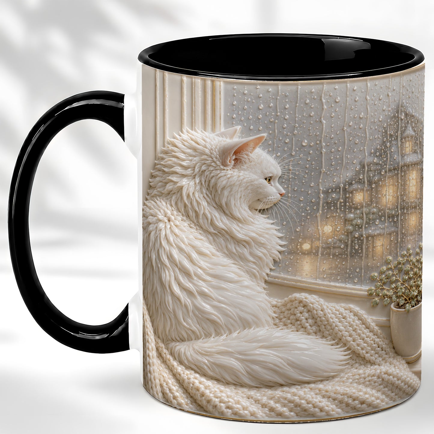 #pl[11oz|Black] White Cat Rainy Window Coffee Mug, Cozy Cat Mug, Ceramic Cup