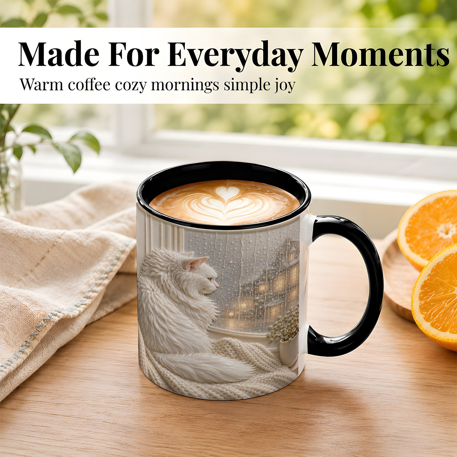 #pl[11oz|Black] White Cat Rainy Window Coffee Mug, Cozy Cat Mug, Ceramic Cup