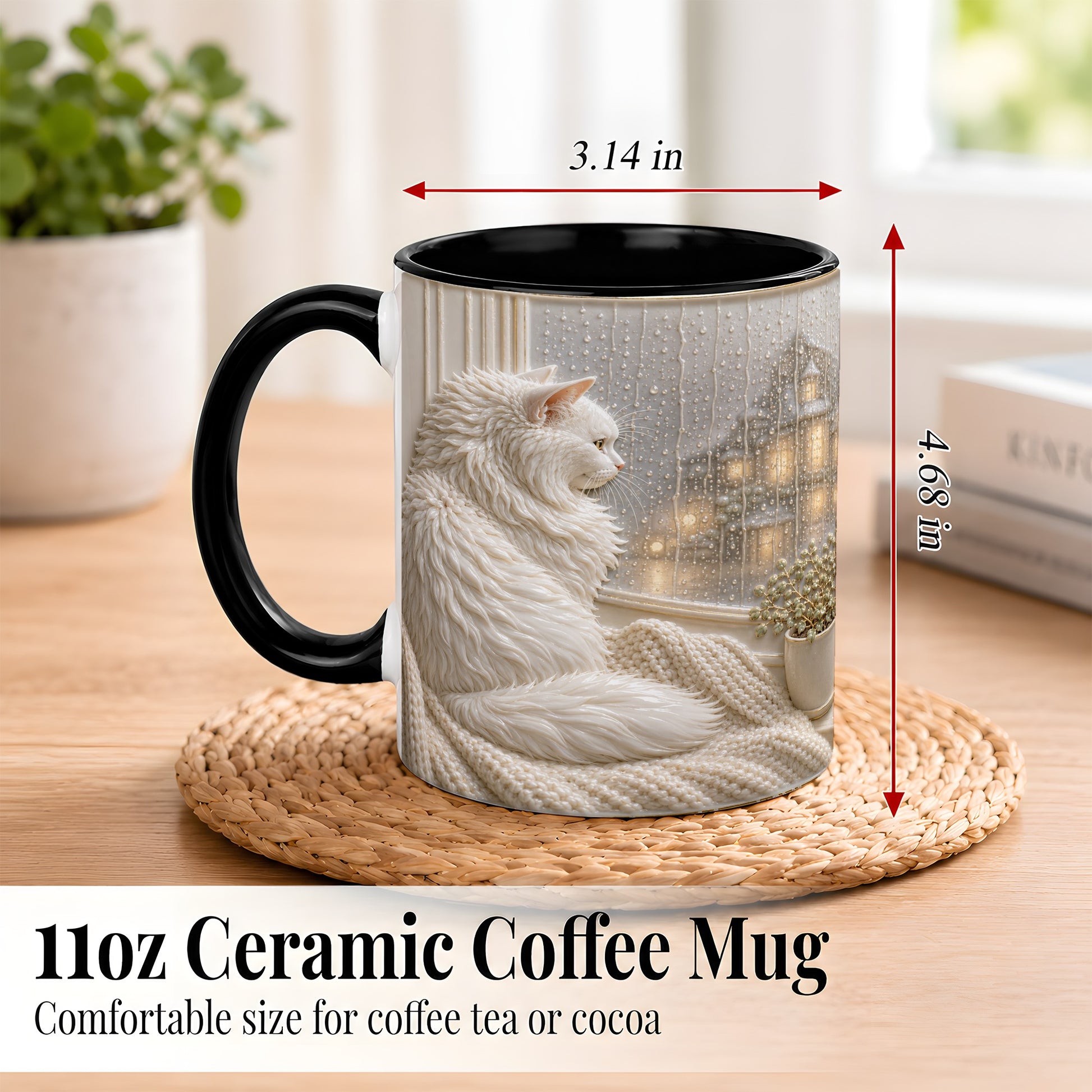 #pl[11oz|Black] White Cat Rainy Window Coffee Mug, Cozy Cat Mug, Ceramic Cup