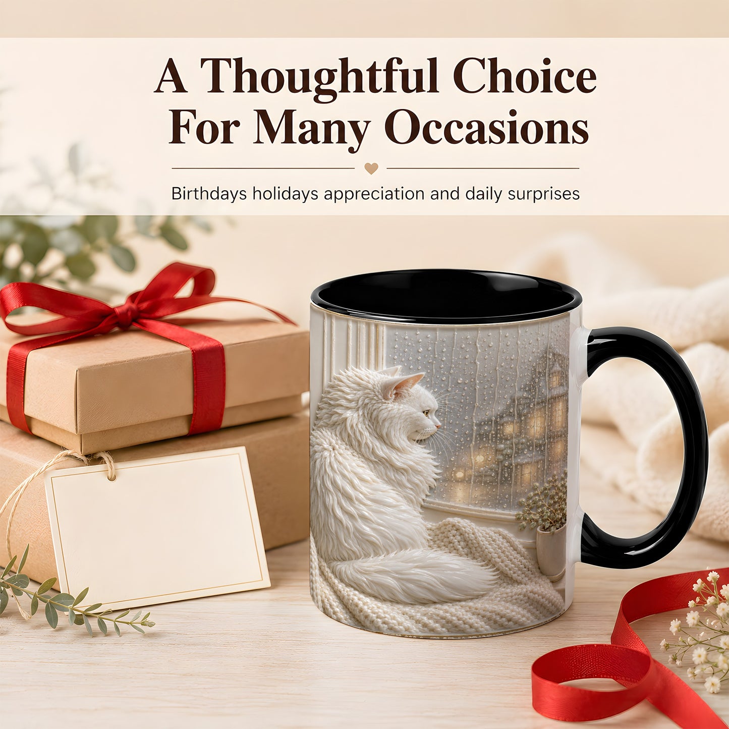 #pl[11oz|Black] White Cat Rainy Window Coffee Mug, Cozy Cat Mug, Ceramic Cup