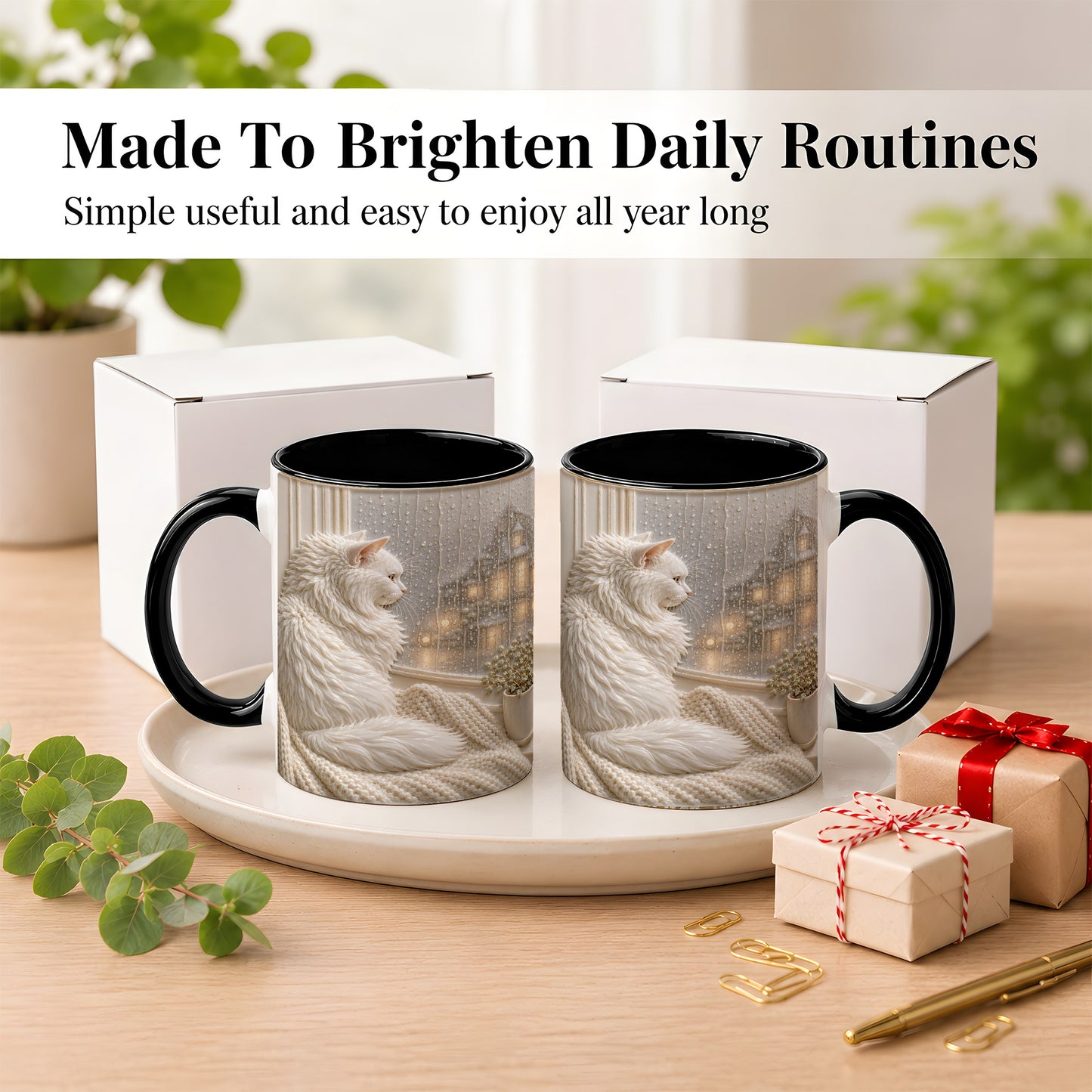 #pl[11oz|Black] White Cat Rainy Window Coffee Mug, Cozy Cat Mug, Ceramic Cup
