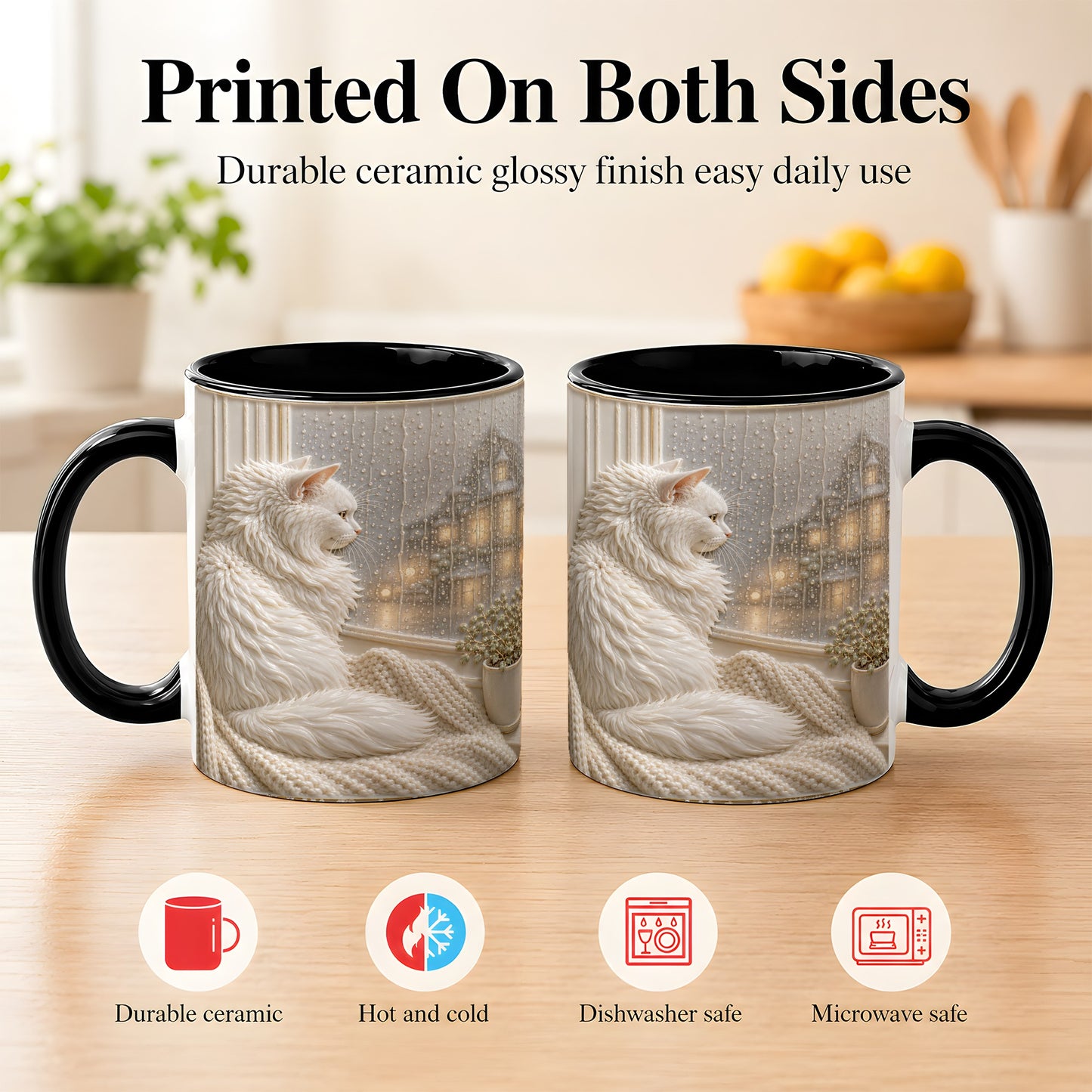 #pl[11oz|Black] White Cat Rainy Window Coffee Mug, Cozy Cat Mug, Ceramic Cup