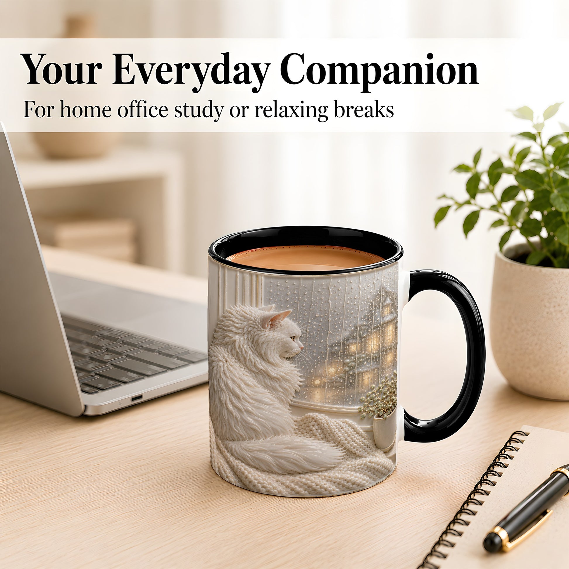#pl[11oz|Black] White Cat Rainy Window Coffee Mug, Cozy Cat Mug, Ceramic Cup