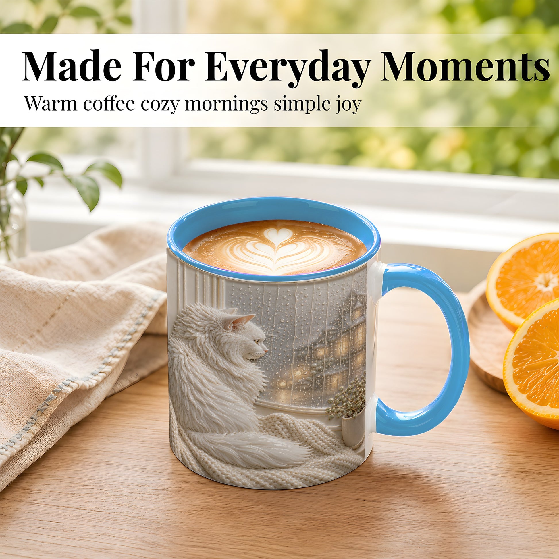 #pl[11oz|Blue] White Cat Rainy Window Coffee Mug, Cozy Cat Mug, Ceramic Cup