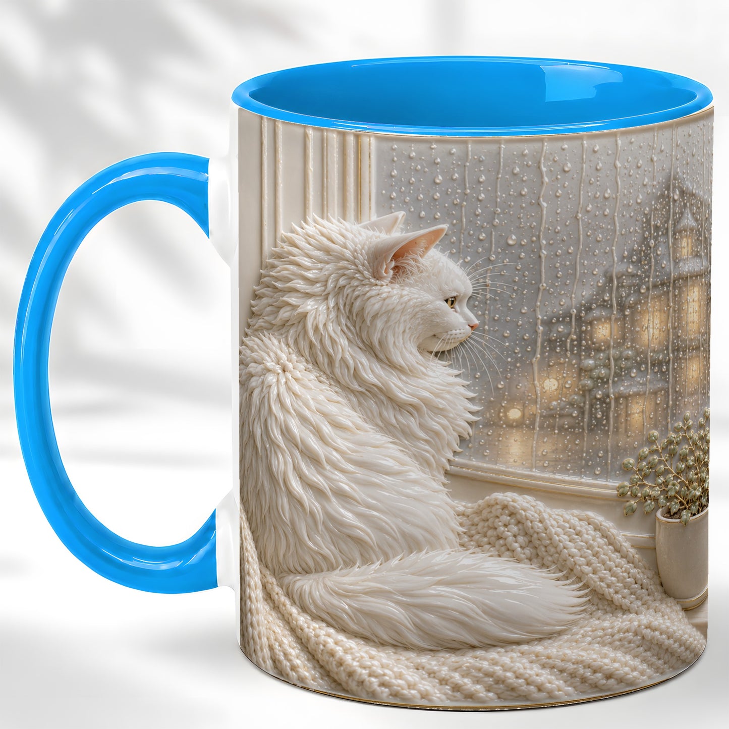 #pl[11oz|Blue] White Cat Rainy Window Coffee Mug, Cozy Cat Mug, Ceramic Cup