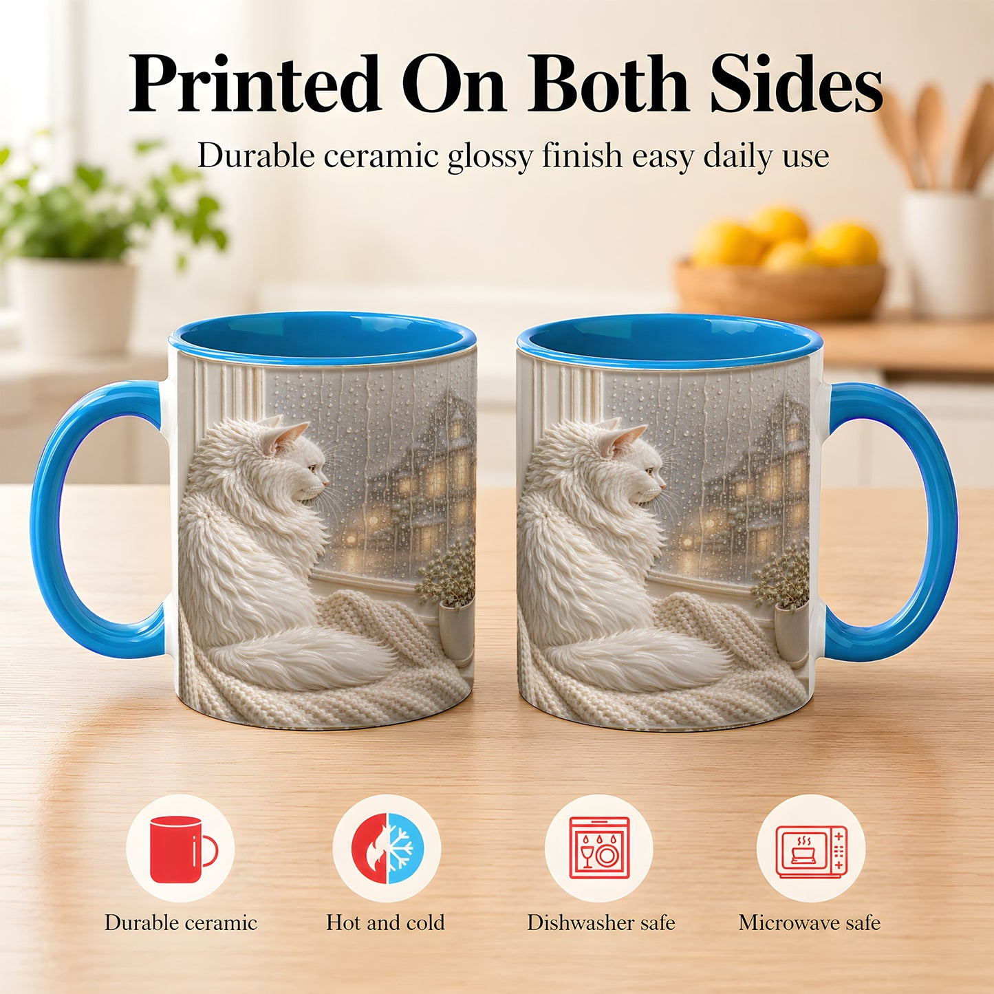 #pl[11oz|Blue] White Cat Rainy Window Coffee Mug, Cozy Cat Mug, Ceramic Cup